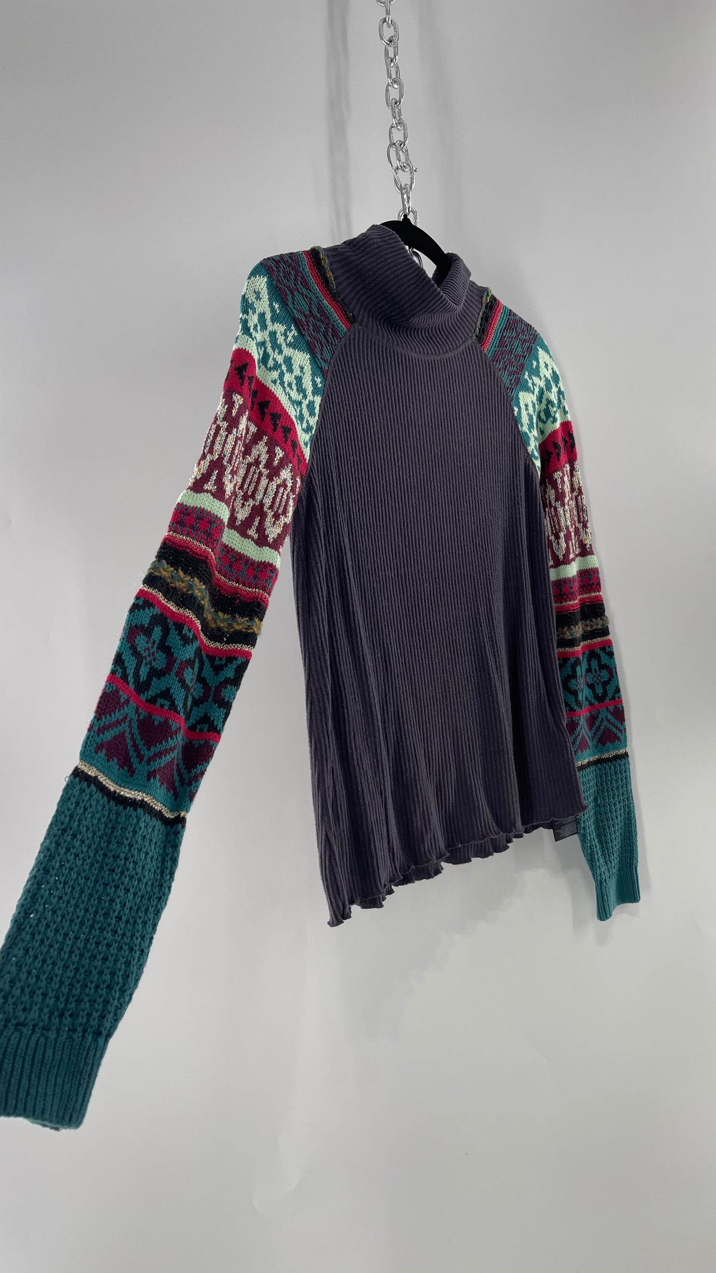 Free People Grey Cozy Knit with Colorful Patterned Knit Sleeves (Small)