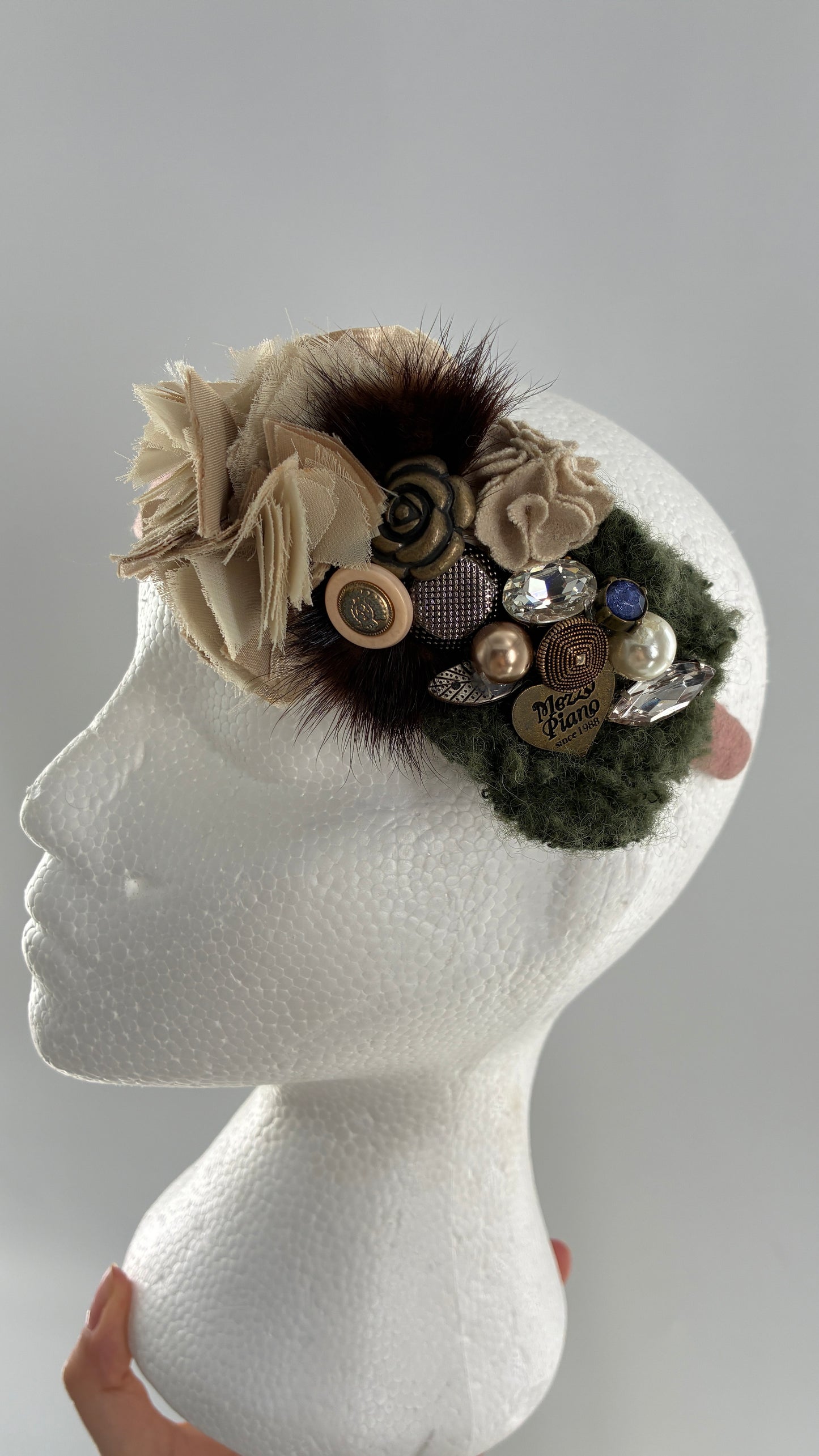 Vintage FARMER Handmade Pink Knit Headband with Wool, Buttons and Fur Appliqués