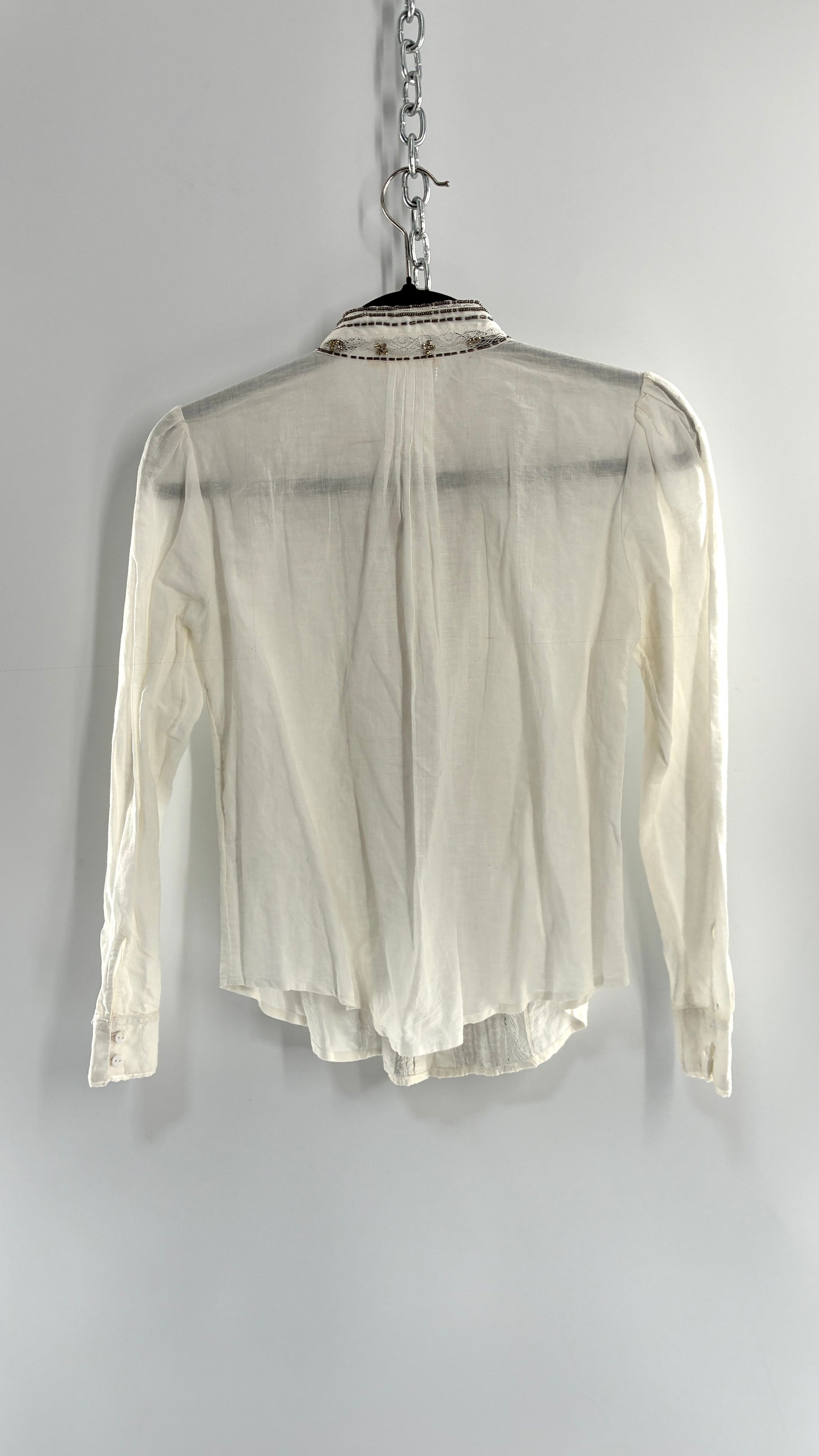 Anthropologie FLOREAT Linen Cotton White Button Up with Lace and Rhinestone Details (4P)