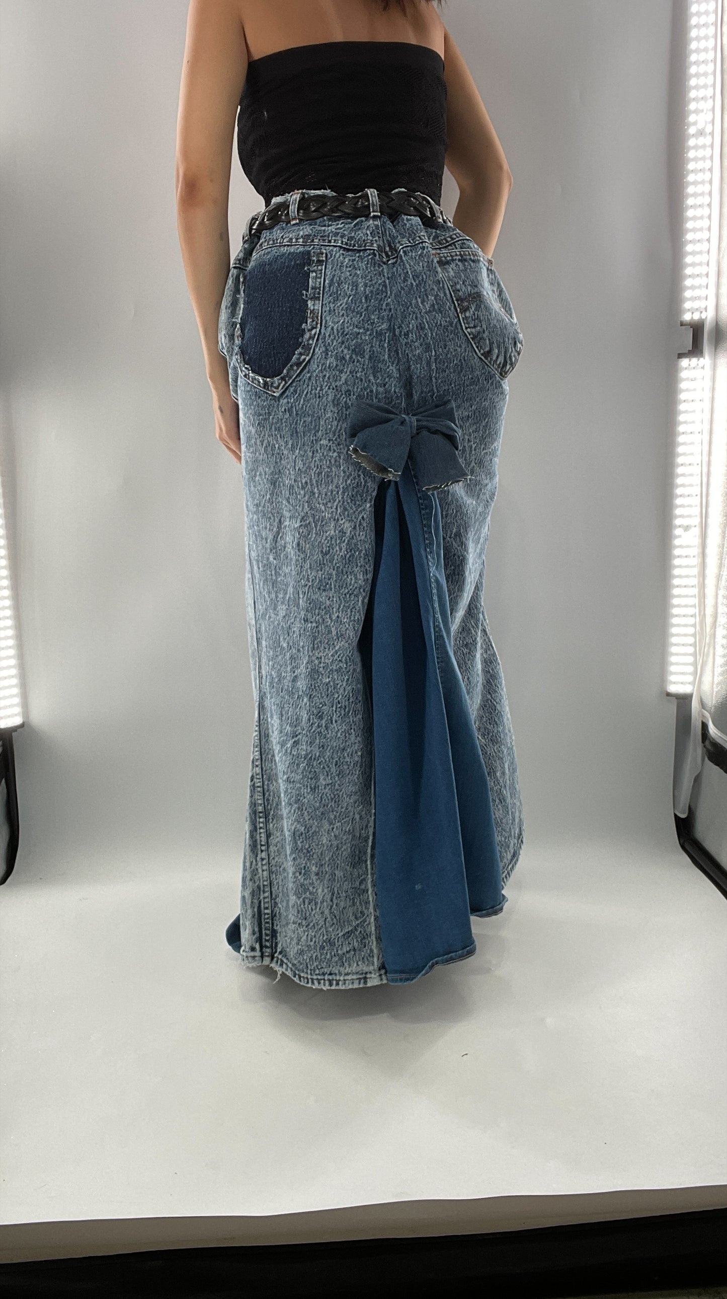 Custom Handmade Acid Wash Denim Slit Front Ruffled Skirt with Bow Bum (Large)