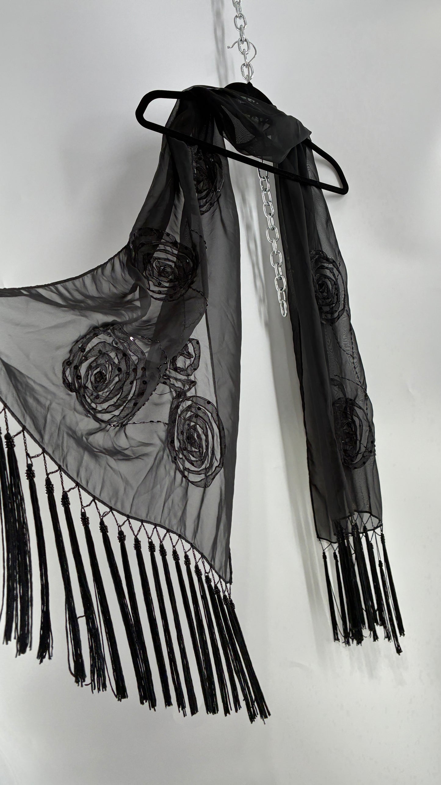Vintage Black Beaded Scarf with Tassel Fringe and Embroidered Rosettes