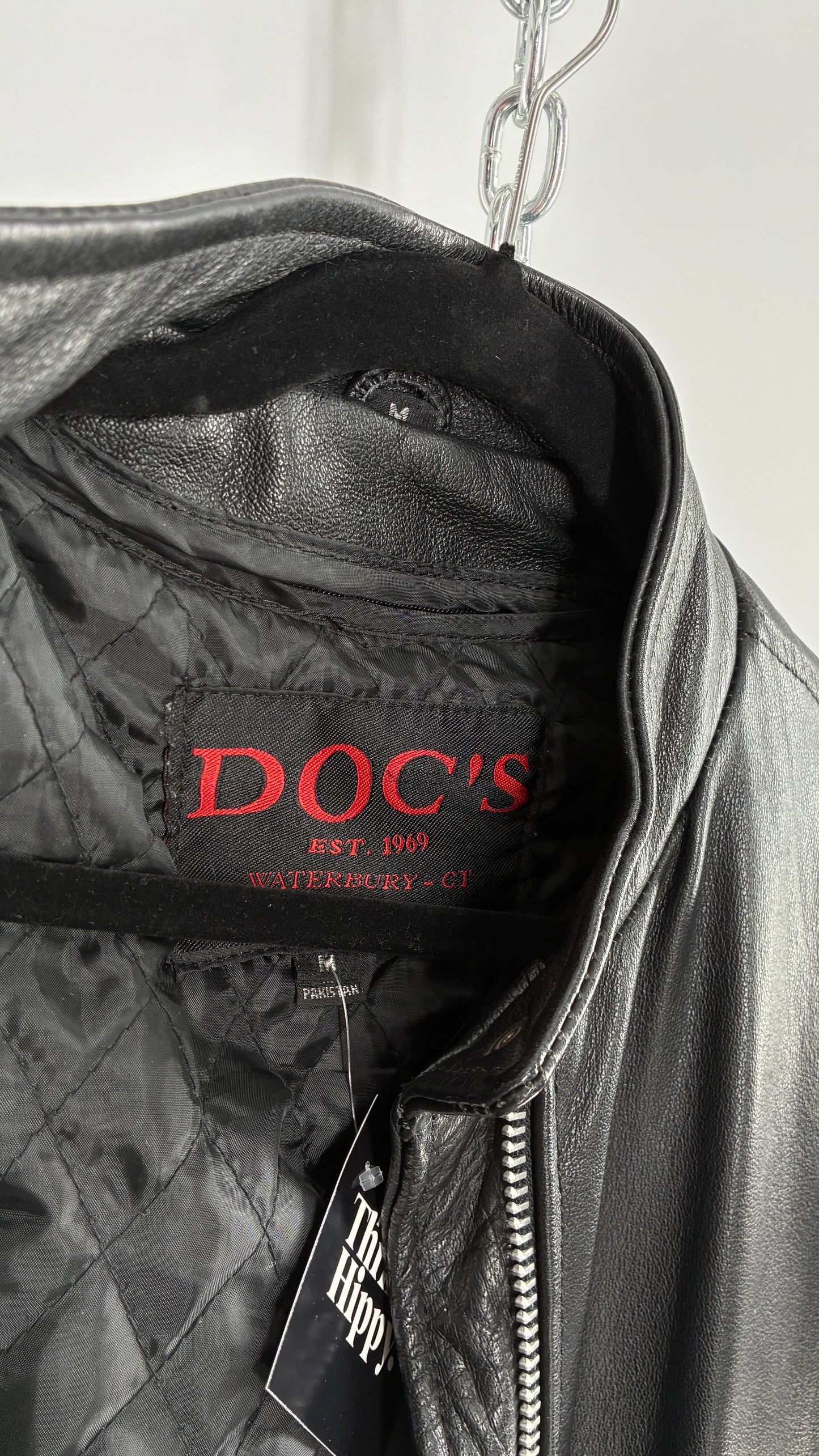 Vintage DOC’s Black Thick Leather Jacket with Removable Quilted Lining, Zippered Sides and Heavy Metal Details (Medium)