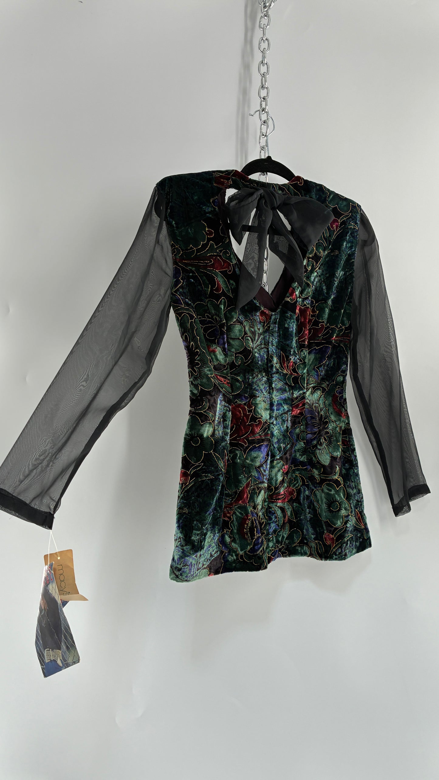 Deadstock Vintage RAMPAGE 1980s Micro Mini Dress Velour with Sheer Bubble Sleeves, Open Back, Elaborate Crystal Buttons and Bow Back Detail (Small)