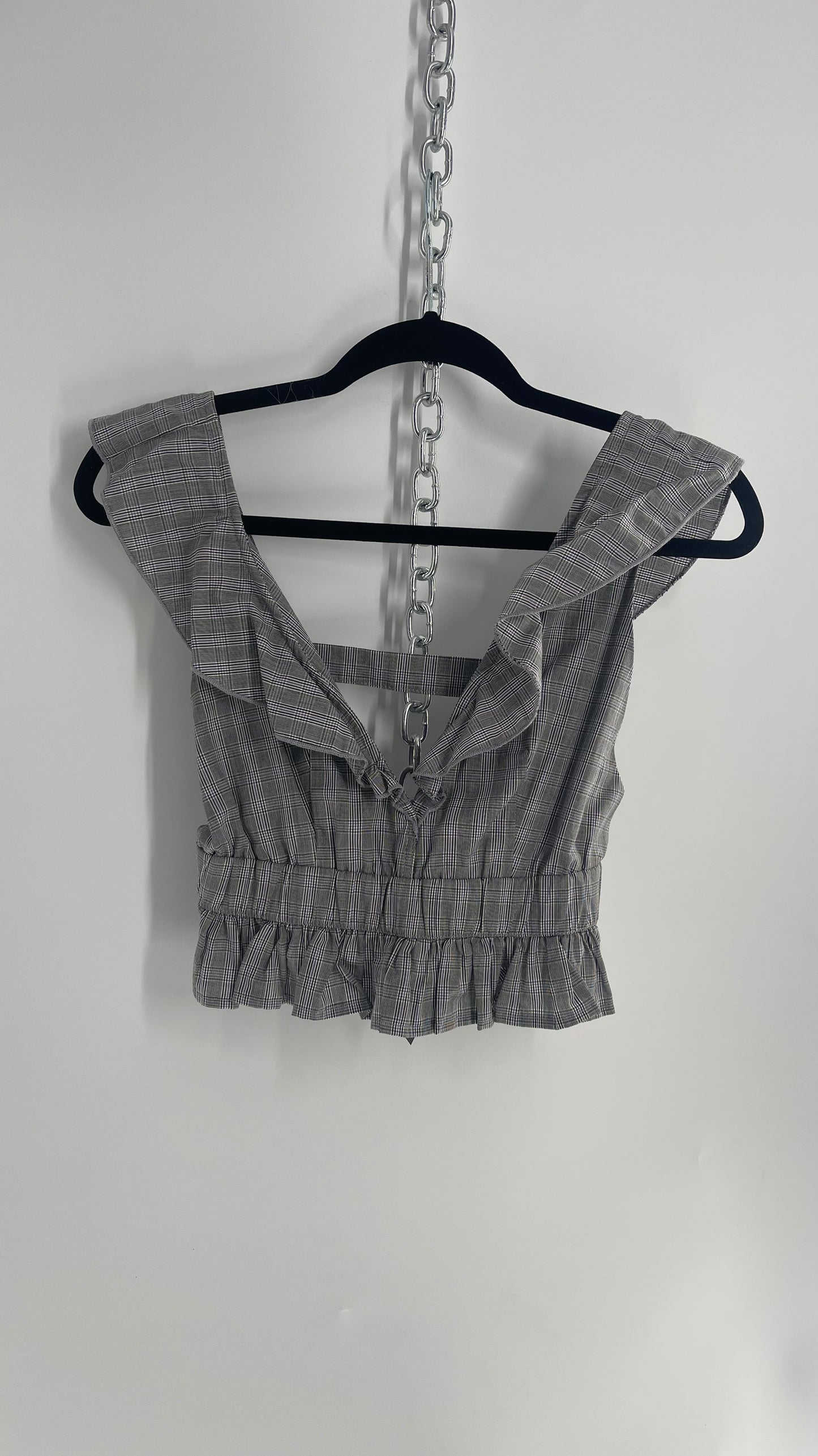 LIONESS Gray Plaid Open Back, Ruffled Shoulder, Cinch Waist (Small)