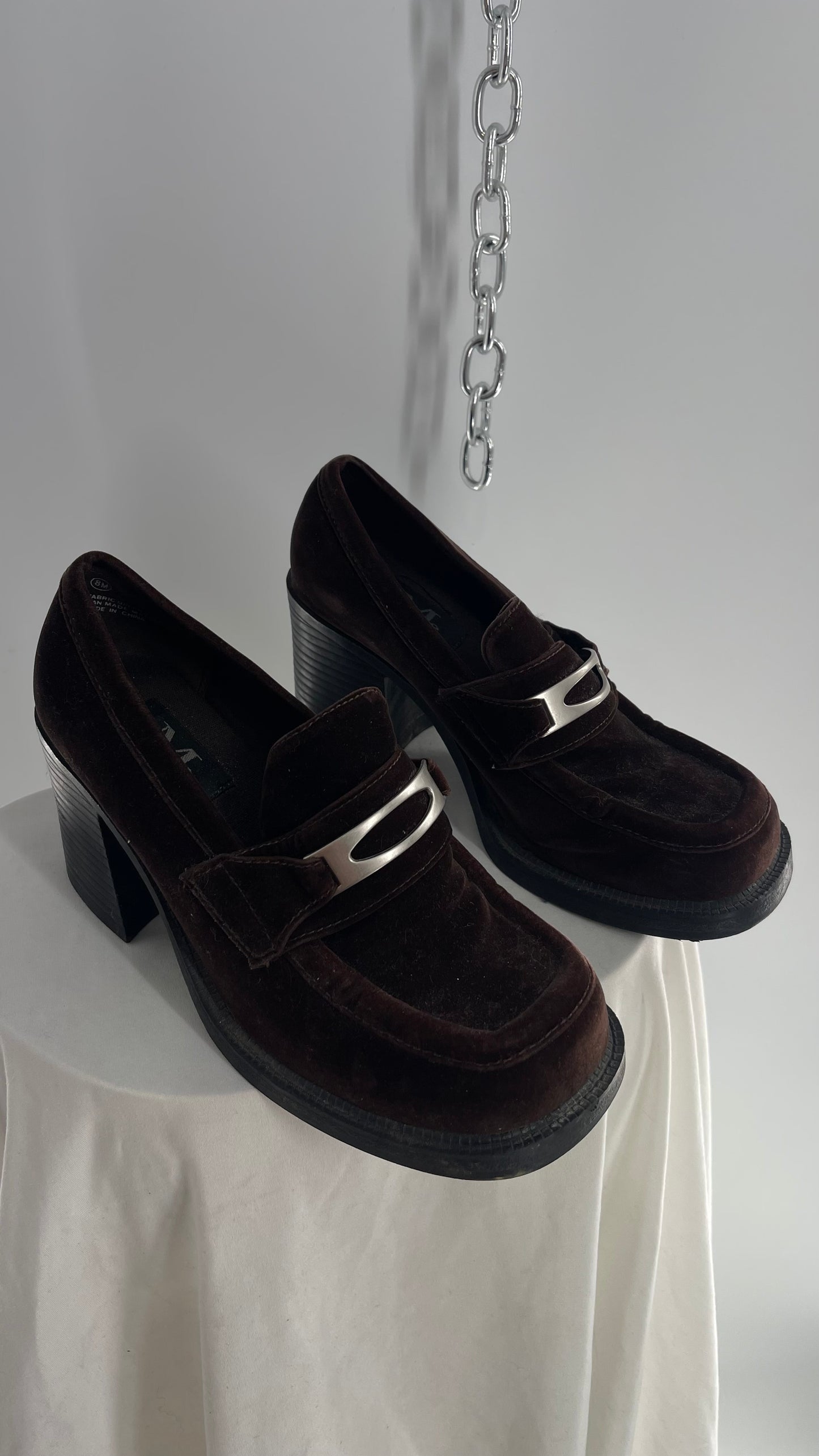 Vintage Modern Edge 1990s Dark Brown Velvet Loafer with Chunky Block Heel (8)