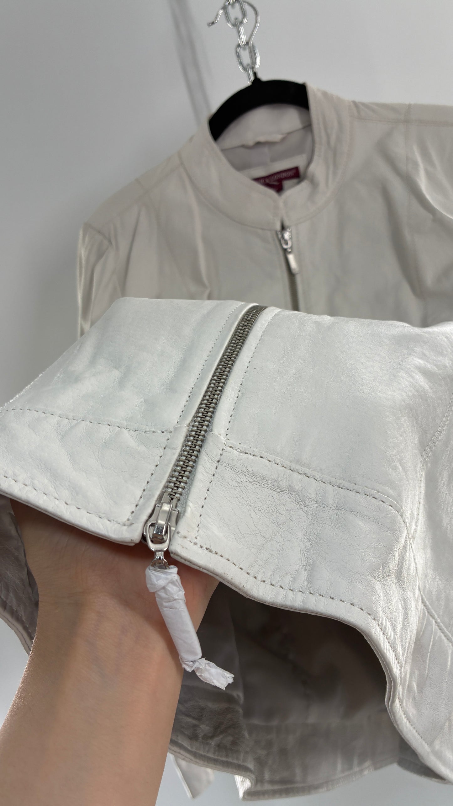 Deadstock Vintage JESSICA LONDON White Genuine Leather Paneled Motorcycle Jacket (16)