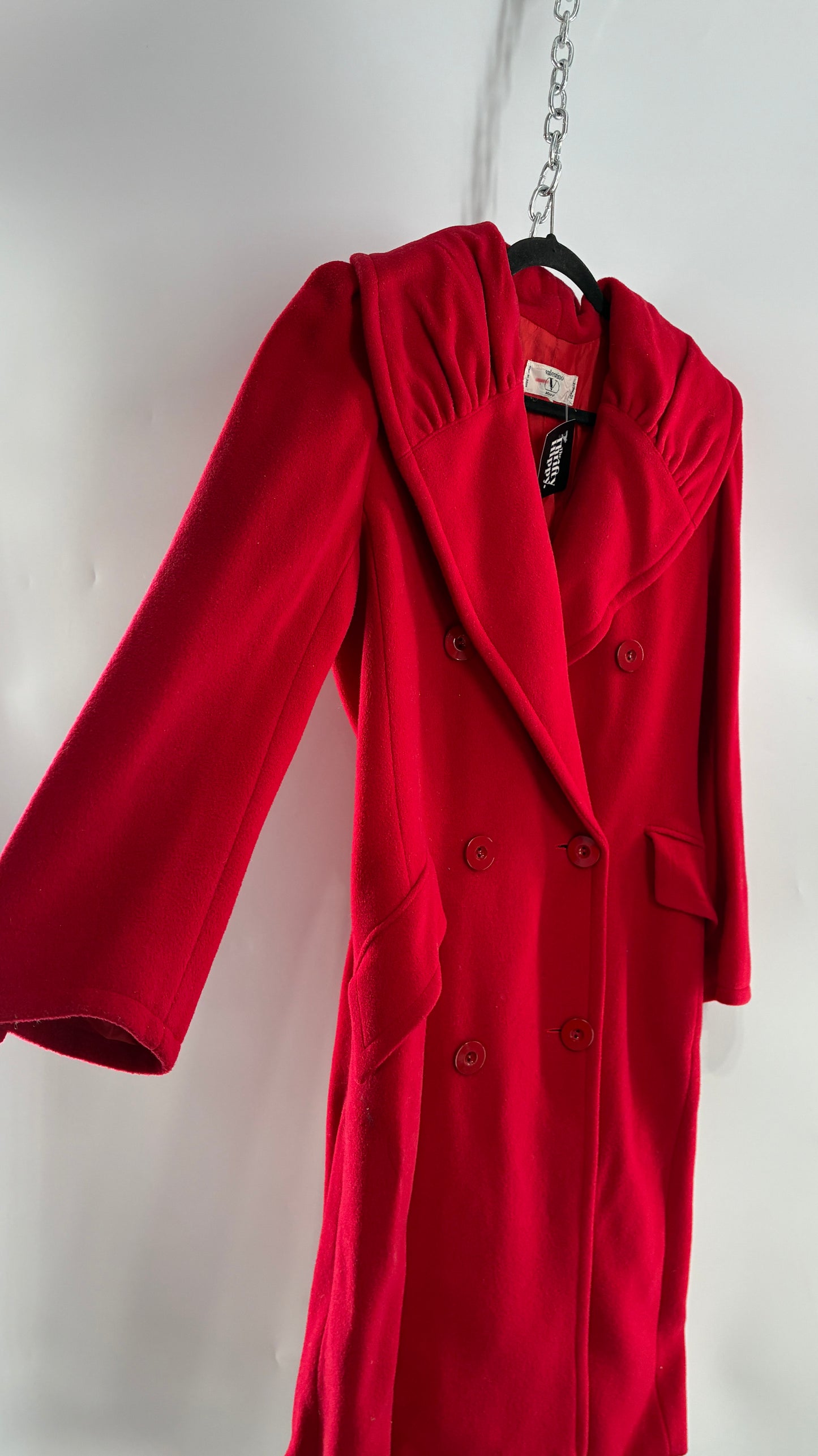Vintage VALENTINO Miss V Red Sweeping, Tie Back and Pleated/Draped Collar Coat