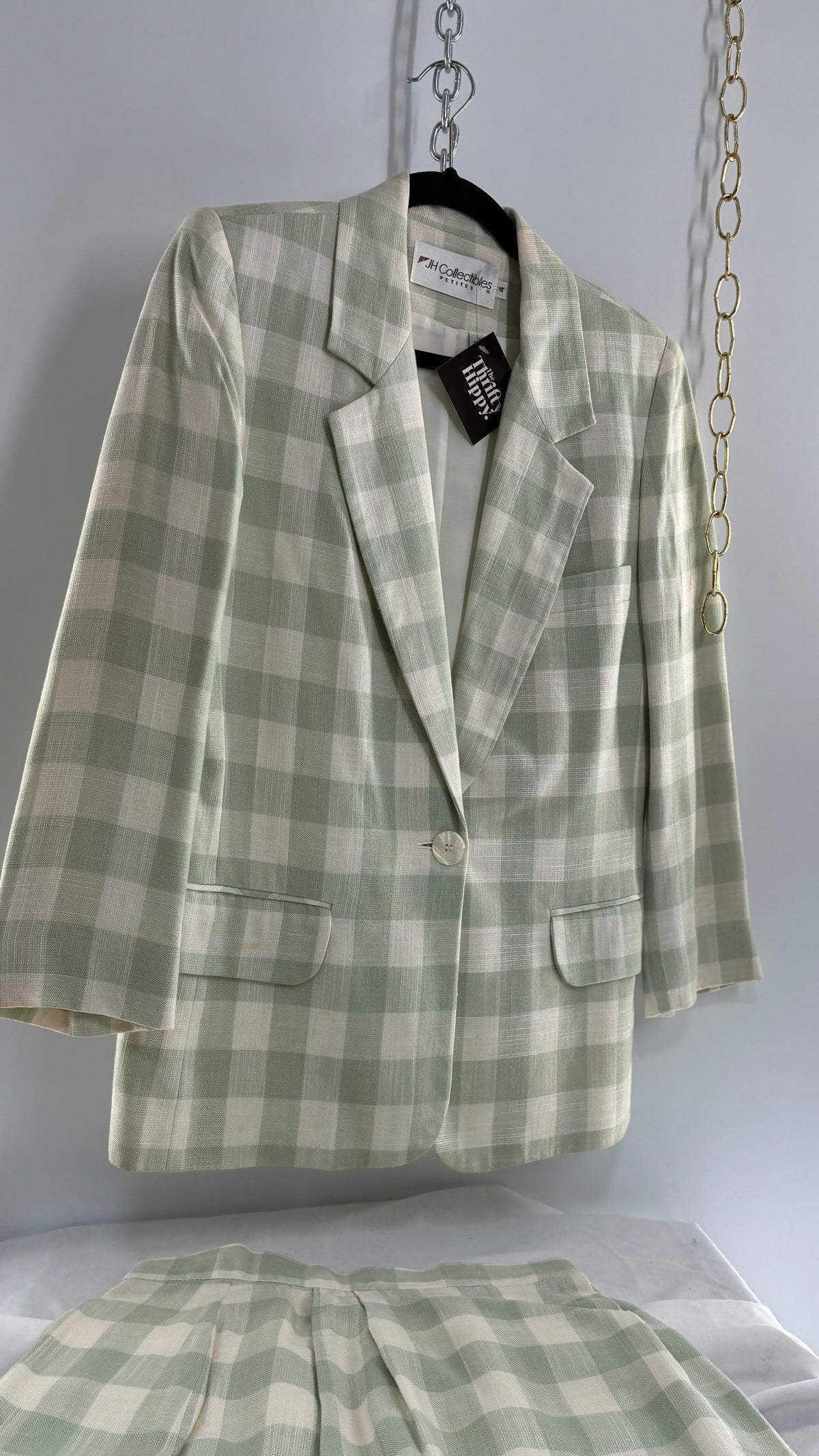 Vintage JH COLLECTIBLES 100% Rayon, Sage Gingham Suit Set (6 Skirt, 4 Blazer)
