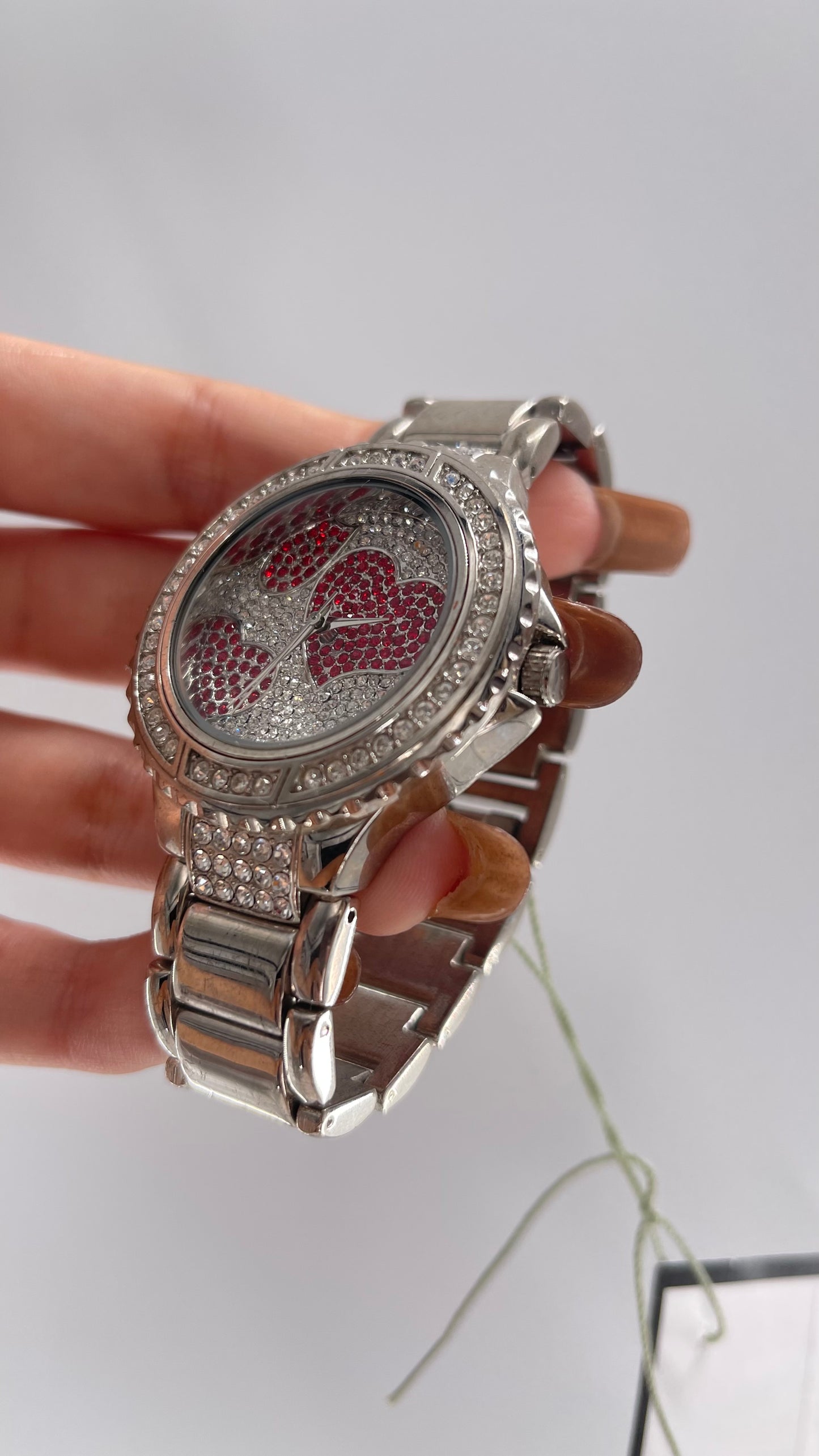 Vintage 2000s Silver BEBÊ Bejewled Rhinestone Heart Watch