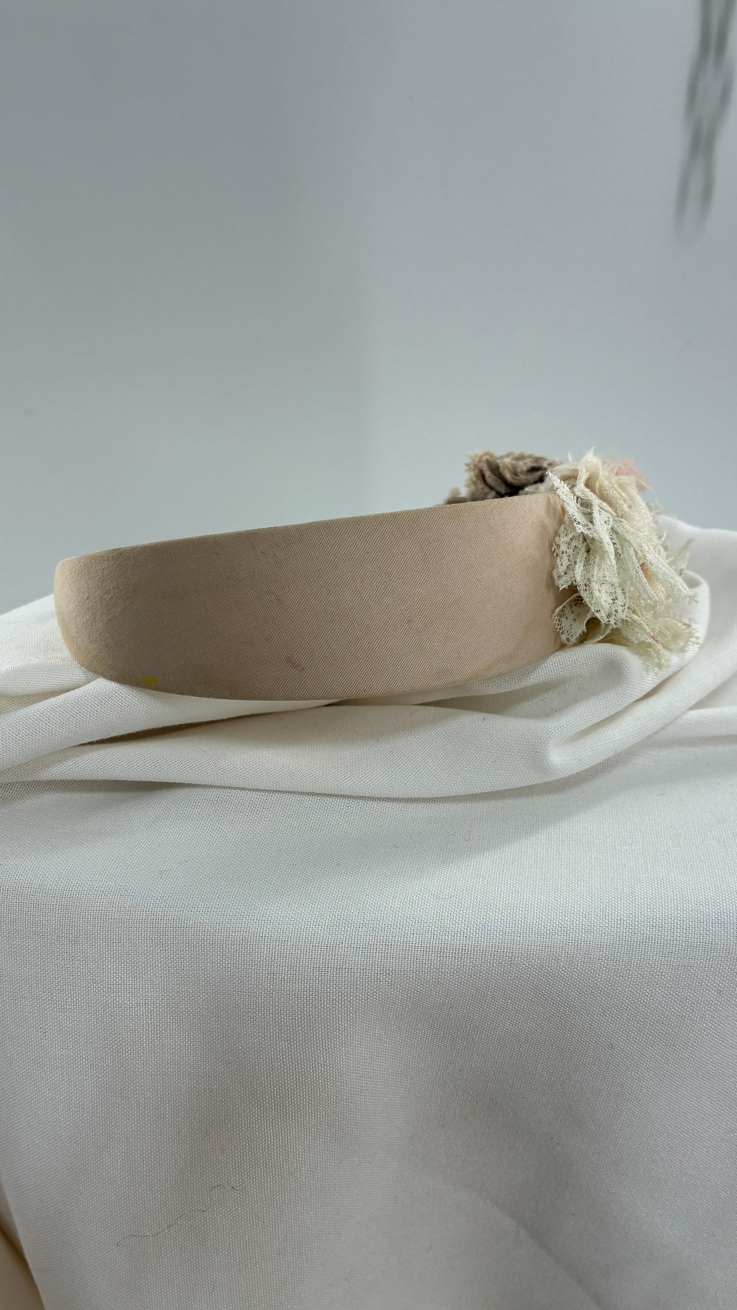 Vintage FARMER Handmade Headband with Ribbon, Flower, Button Appliqués