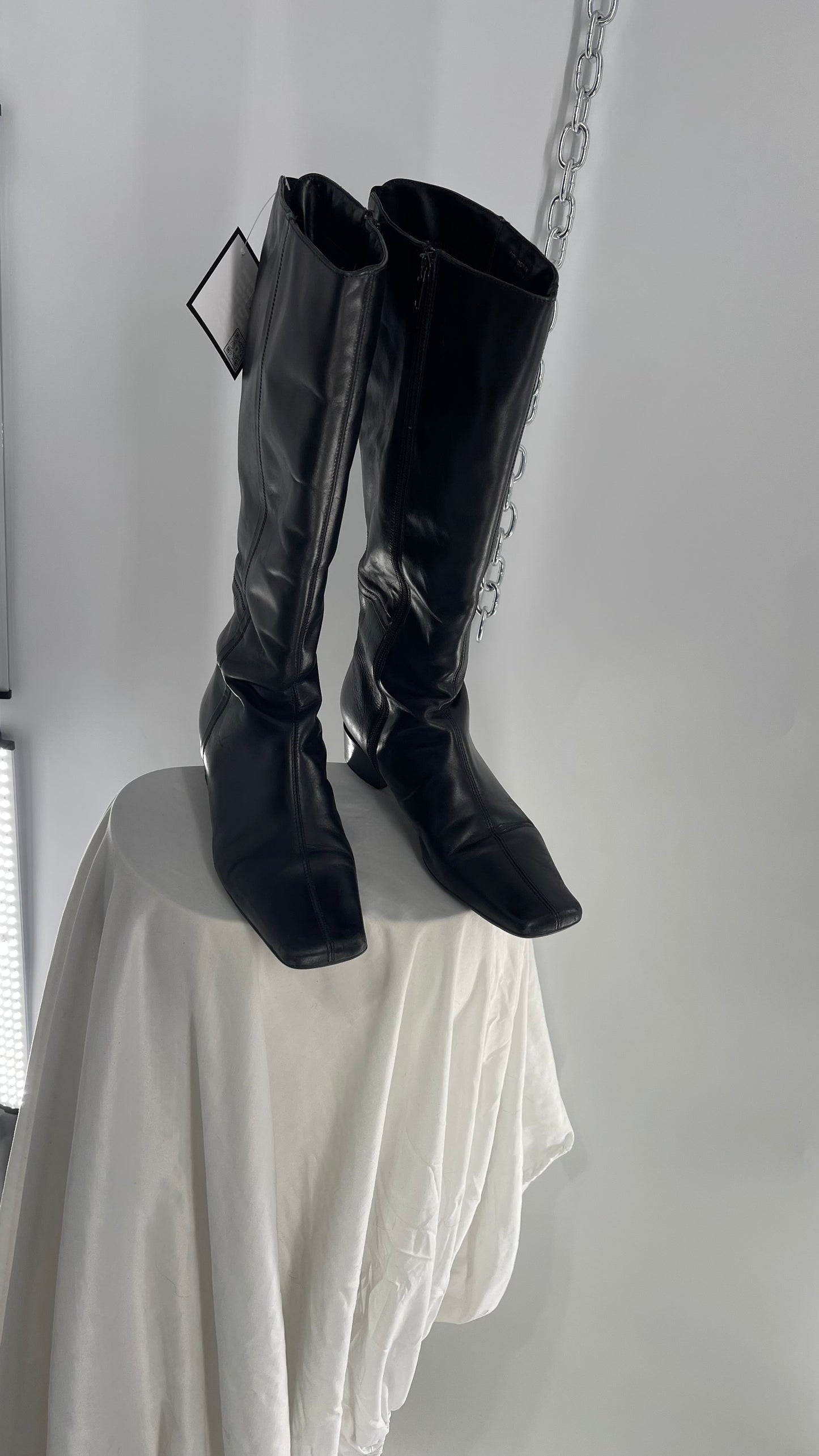 Vintage YKK Black Leather Square Toe Knee High Boot (40)