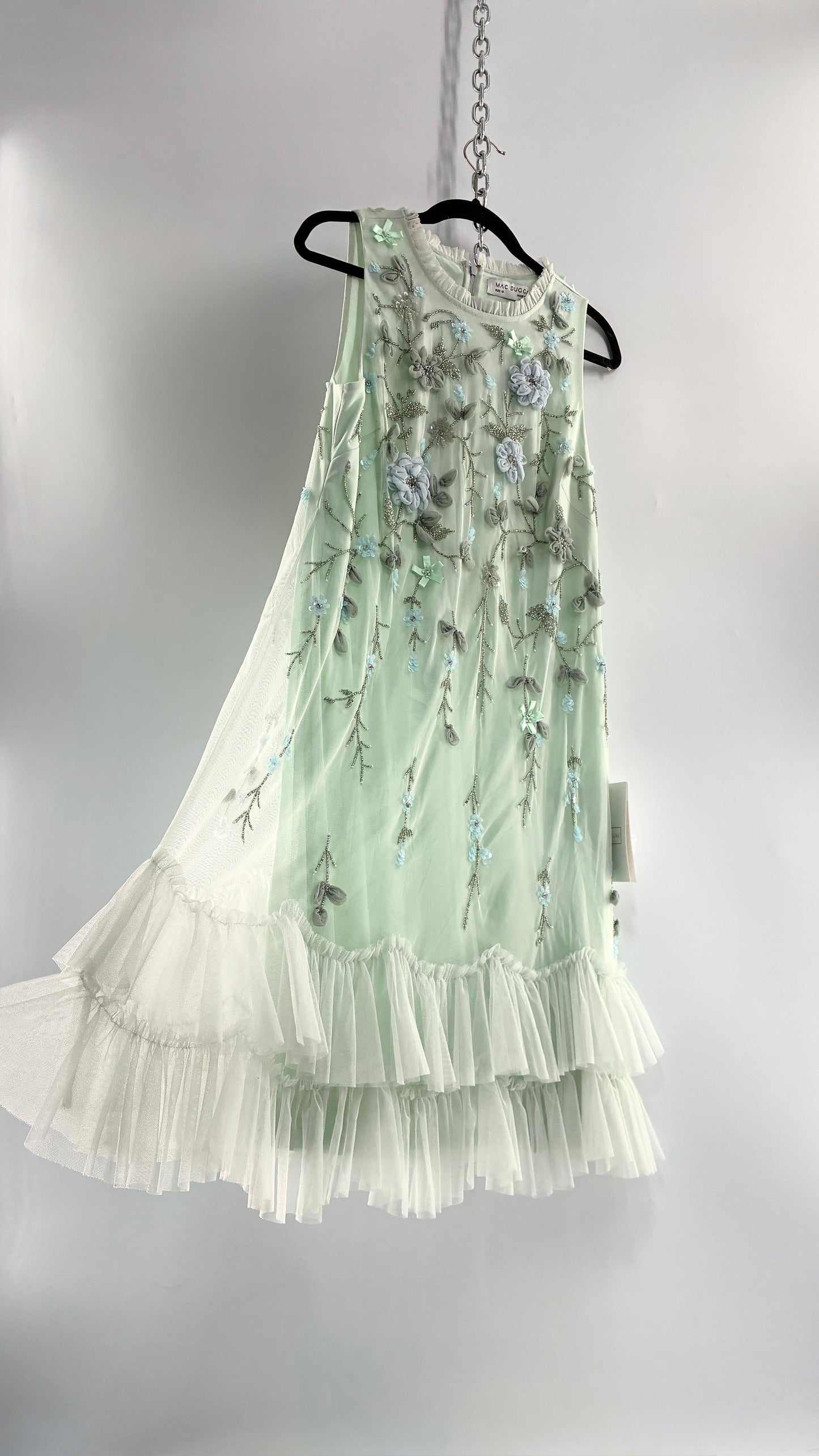 MAC DUGGAL Green Embellished Ruffle Tiered High Neck Floral Dress (10)