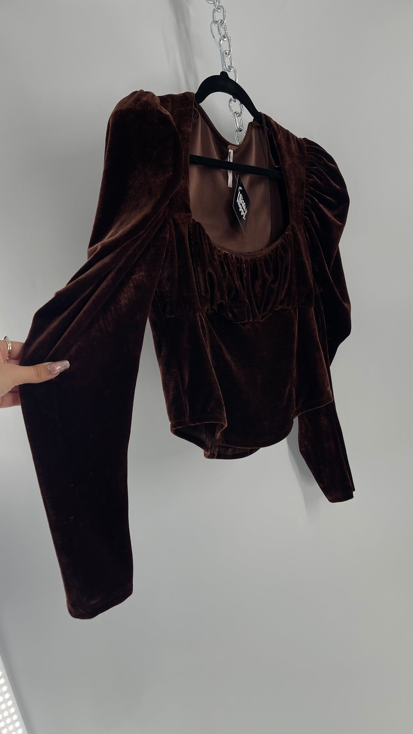 Free People Dark Brown Velvet Long Sleeve Cropped Blouse with Milkmaid Neckline and Renaissance Puff Shoulder (Large)