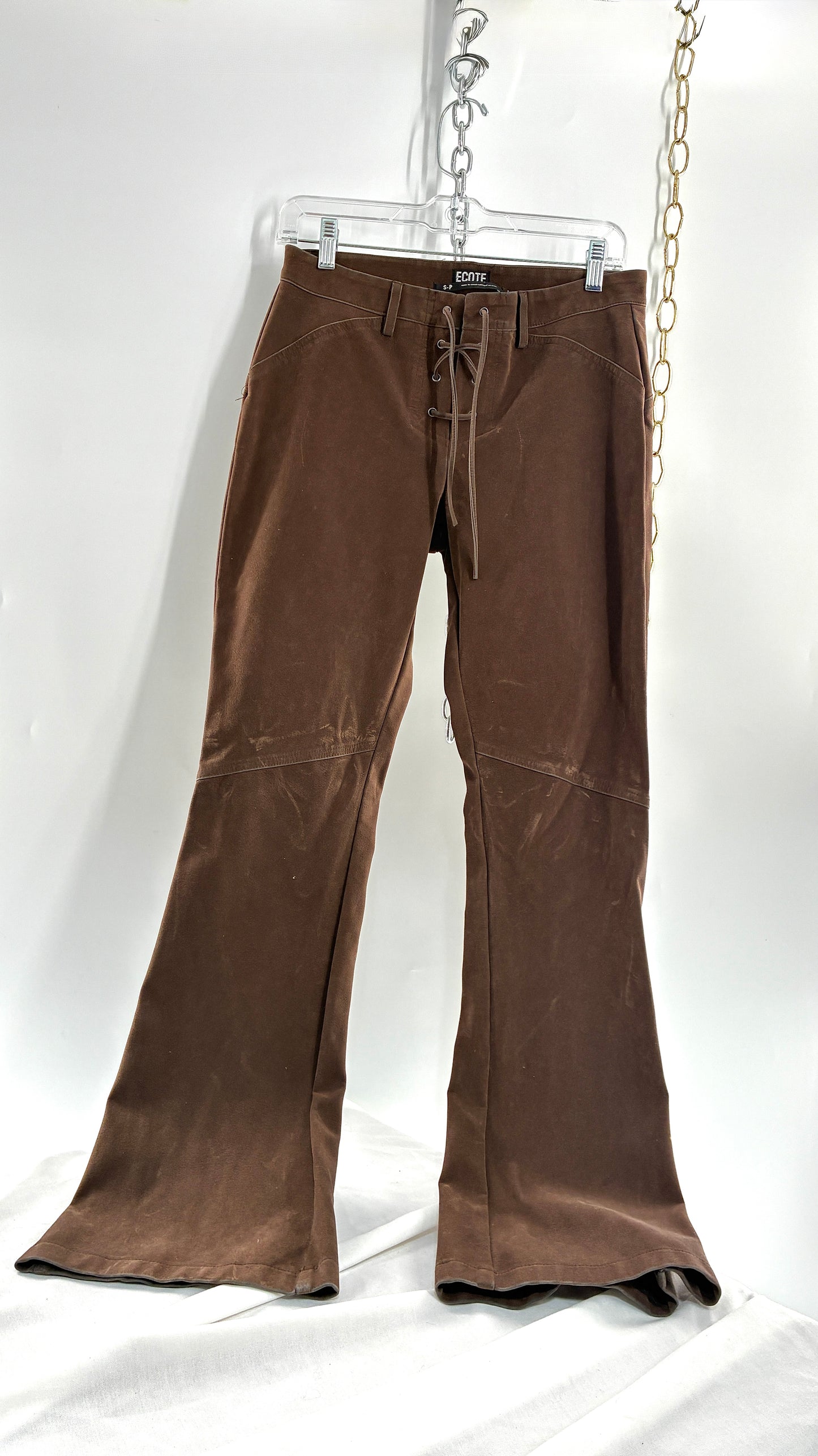 Vintage ECOTE Vegan Leather Velour Brown Lace Up Closure, Low Rise, Boot Leg Pants (Small)
