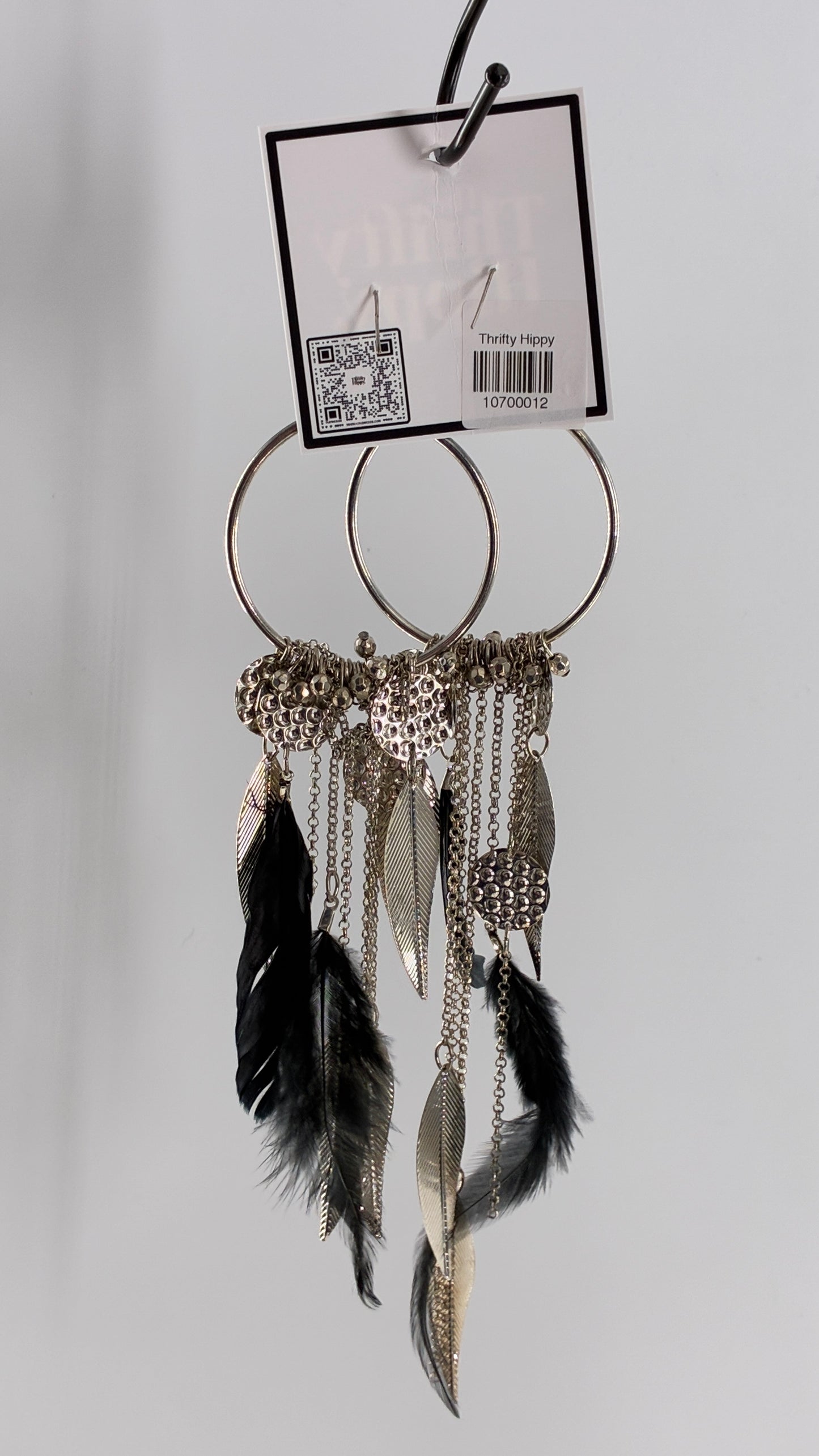 Vintage Hoop Earring with Chains, Feathers and Silver Metal Coins