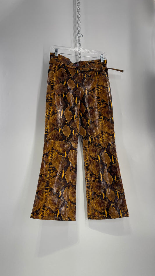 Urban Outfitters Leah Yellow Snake/Python Pattern Faux Leather Low Rise Belted Kick Flare Trouser (4)