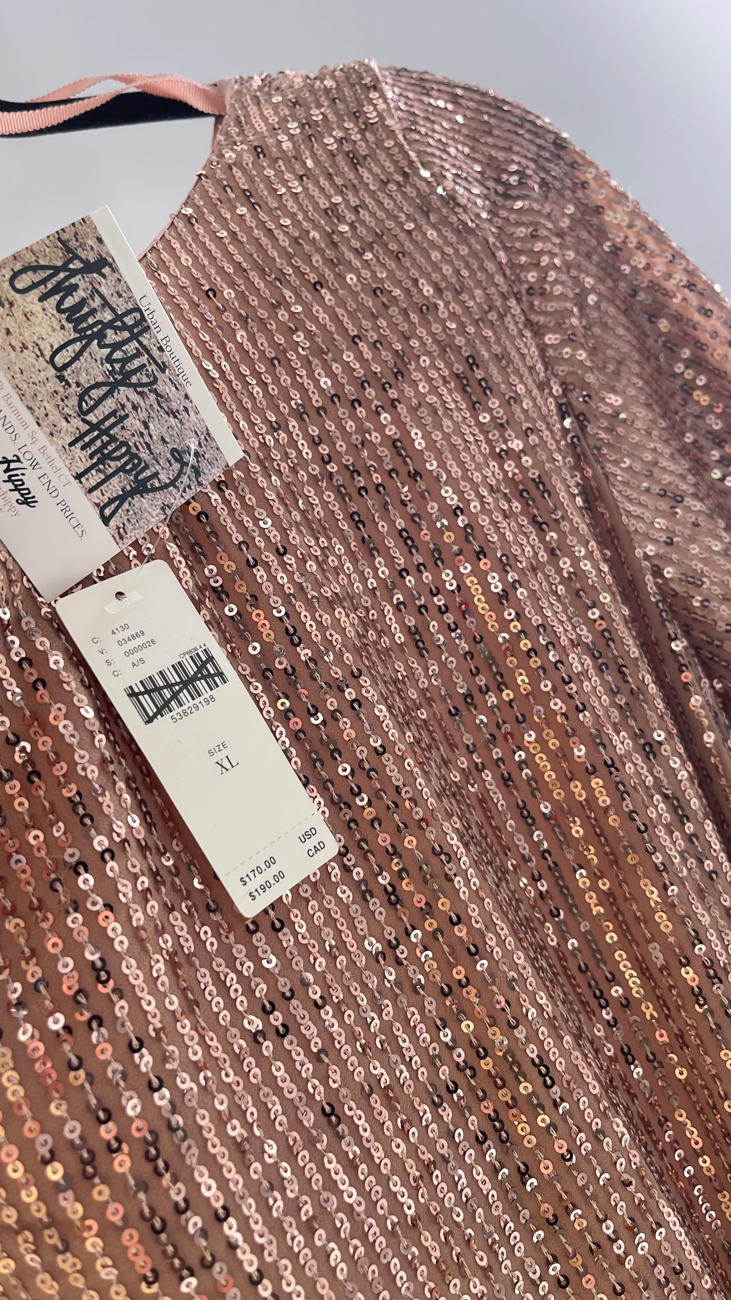 Anthropologie Rose Gold Sequin Dress with Velvet Waist Belt and Tags Attached (XL)