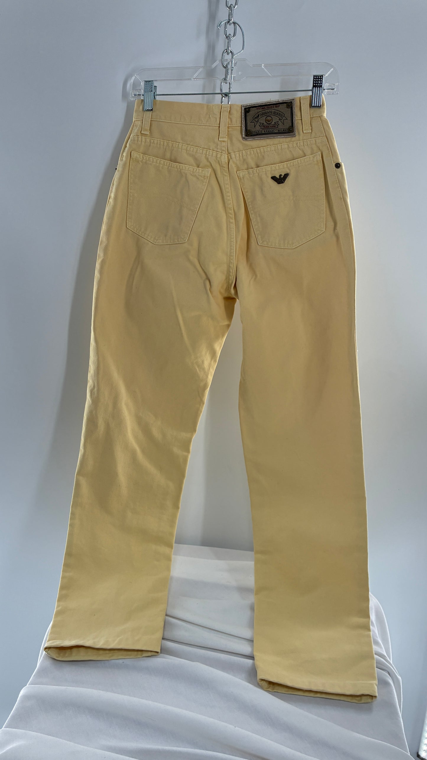 Vintage GIORGIO ARMANI Baby Yellow High Waisted Jeans with 80s Jacron Made in Italy  (29)