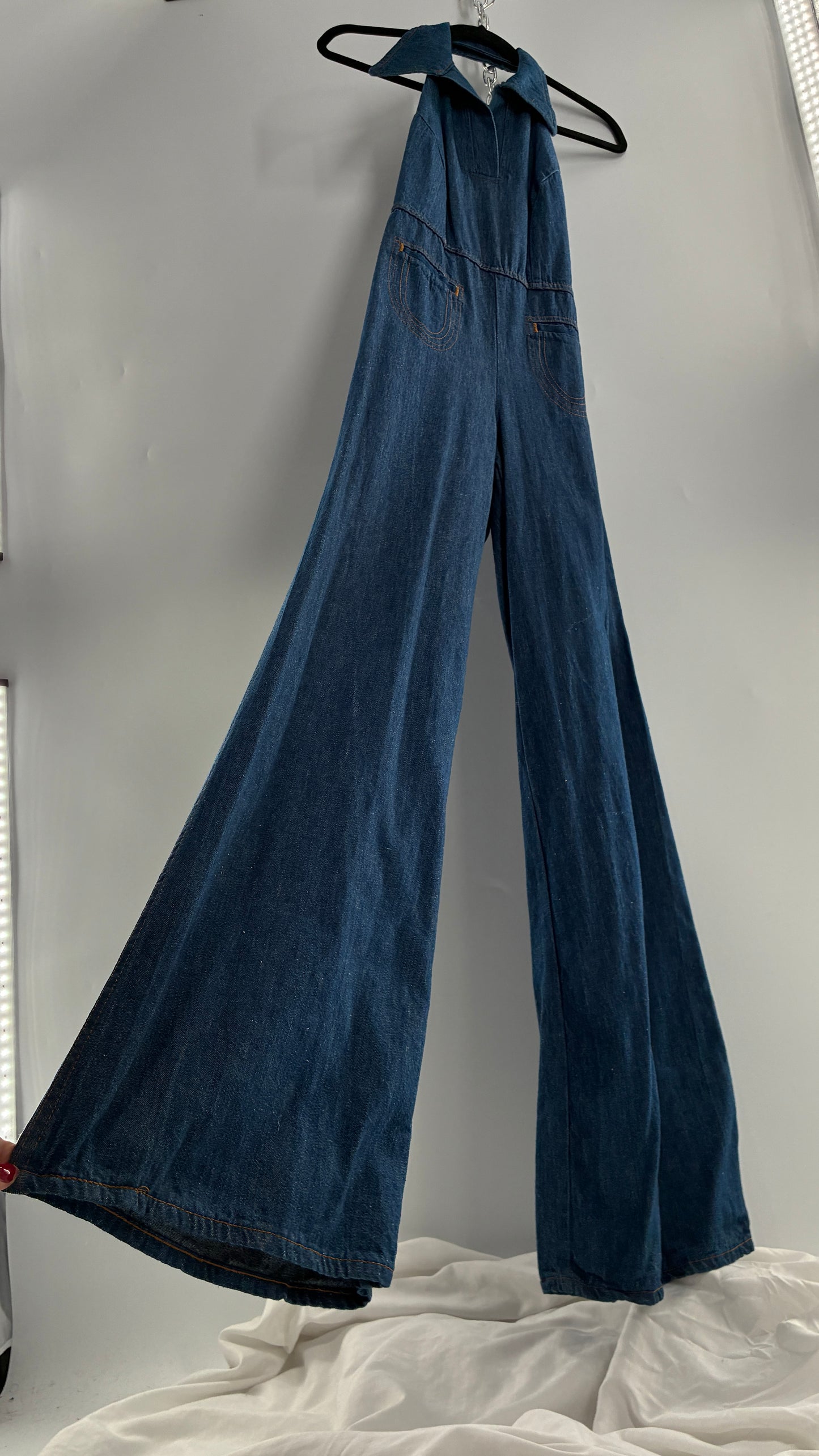RARE Vintage 1970s Landlubber Medium Wash Denim, Sleeveless Halter, Wide Leg Bell Bottom, Jumpsuit (No Size on Tag, XS)