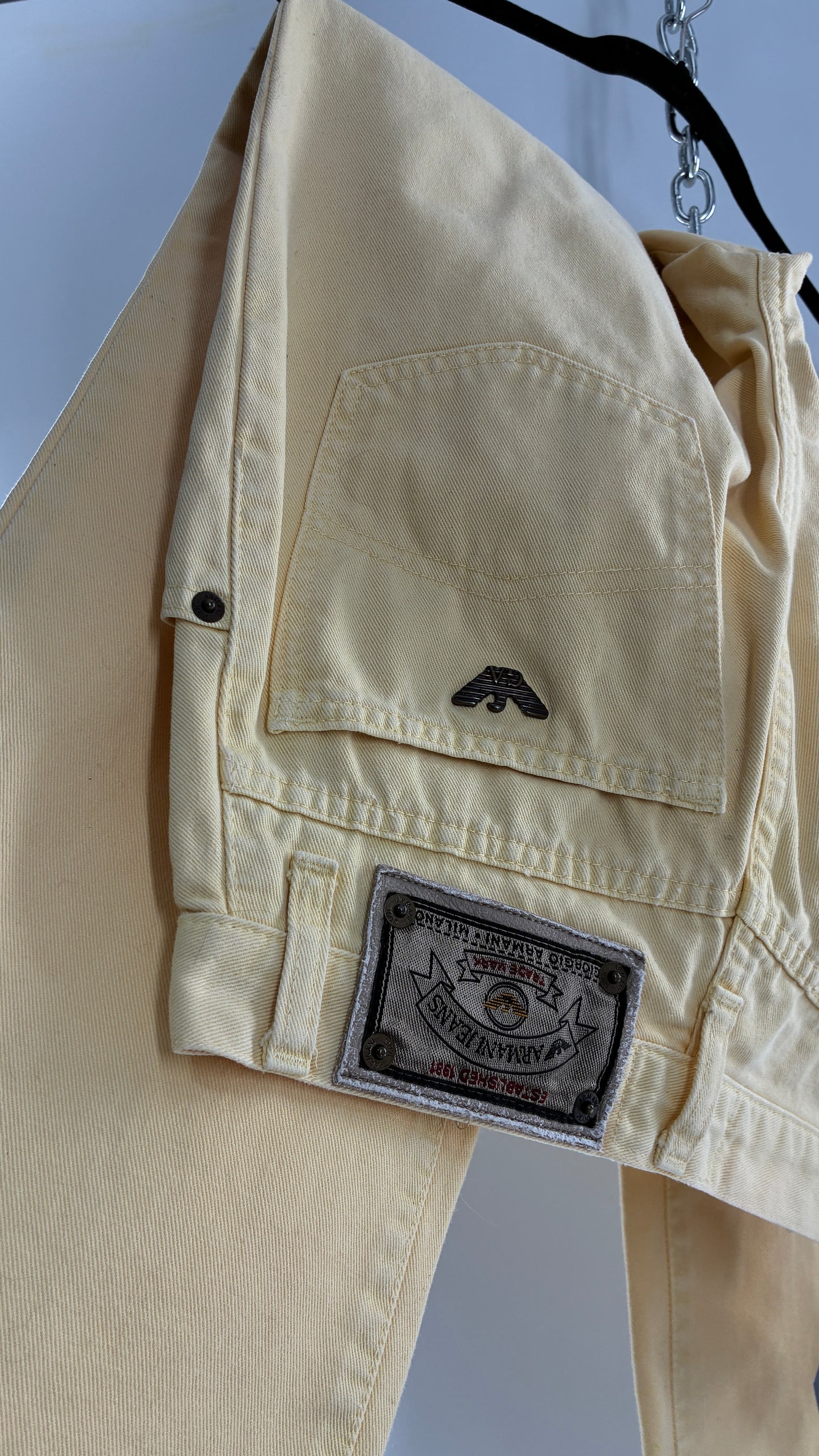 Vintage GIORGIO ARMANI Baby Yellow High Waisted Jeans with 80s Jacron Made in Italy  (29)