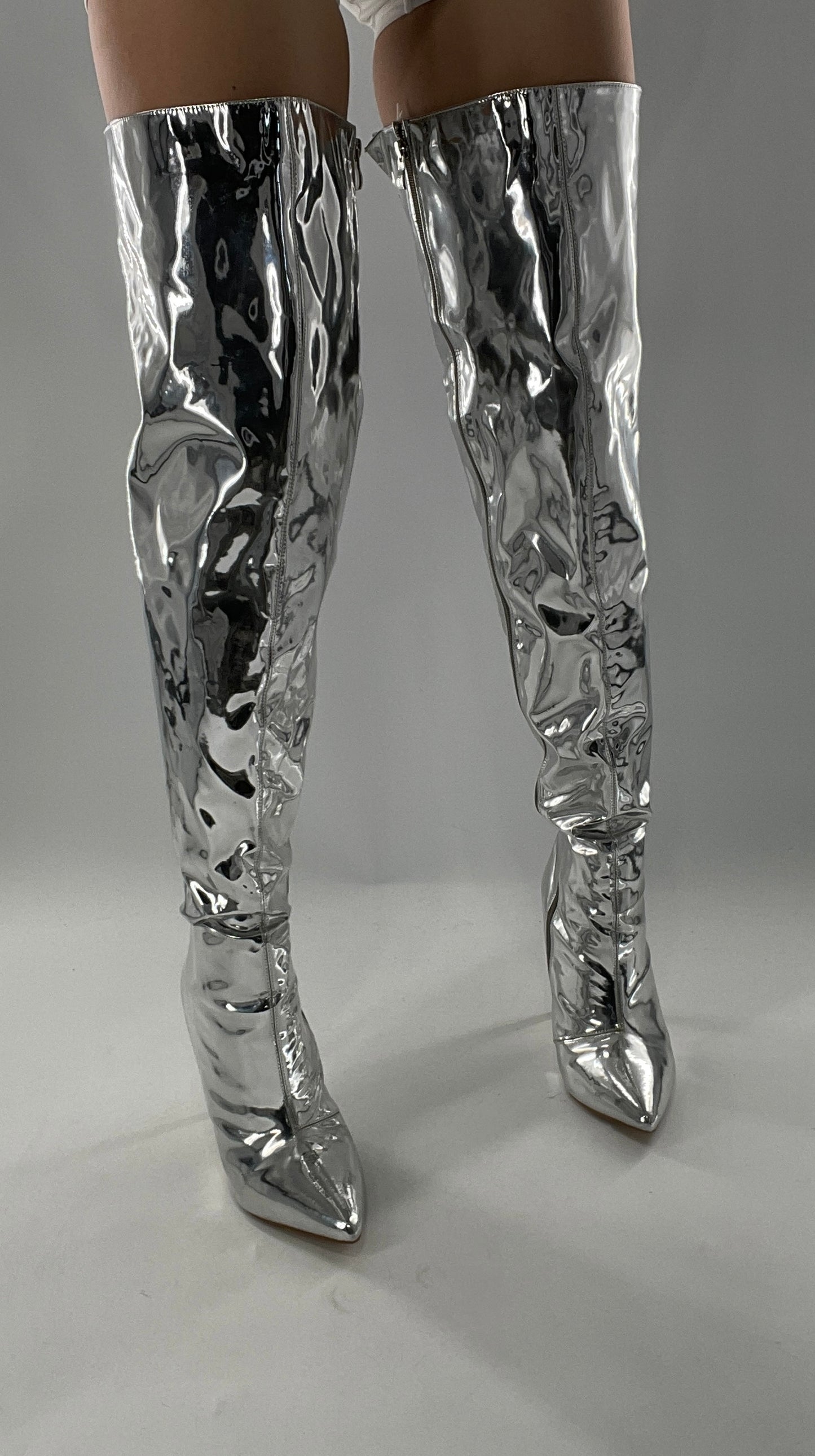 Vintage Chrome Platinum Mirrored Thigh High Molten Metal Sky High Boots Space Cadet/Concert (7)