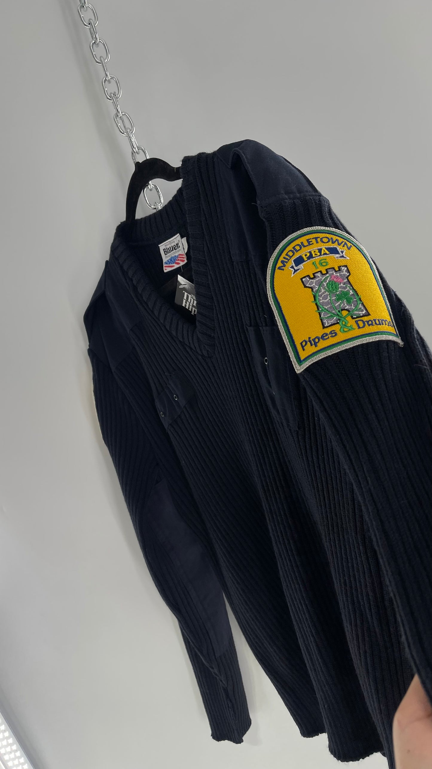 Vintage Pipes & Drums Navy Blue Ribbed Heavy Knit Sweater with Arm Patches and Badges (XL)