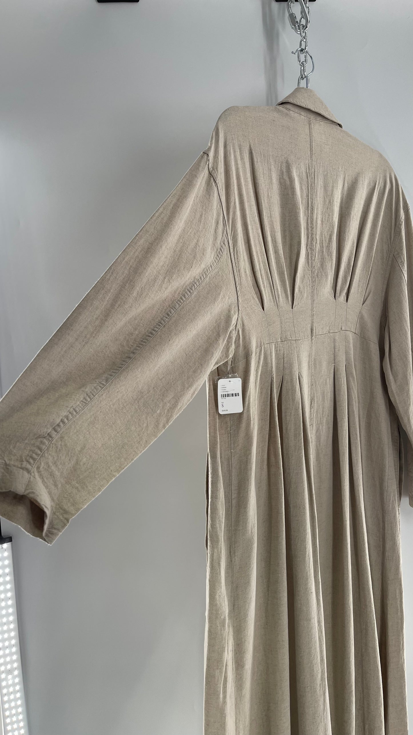 Free People Double Breasted Beige Linen Trench Coat with Brown Buttons and Tags Attached