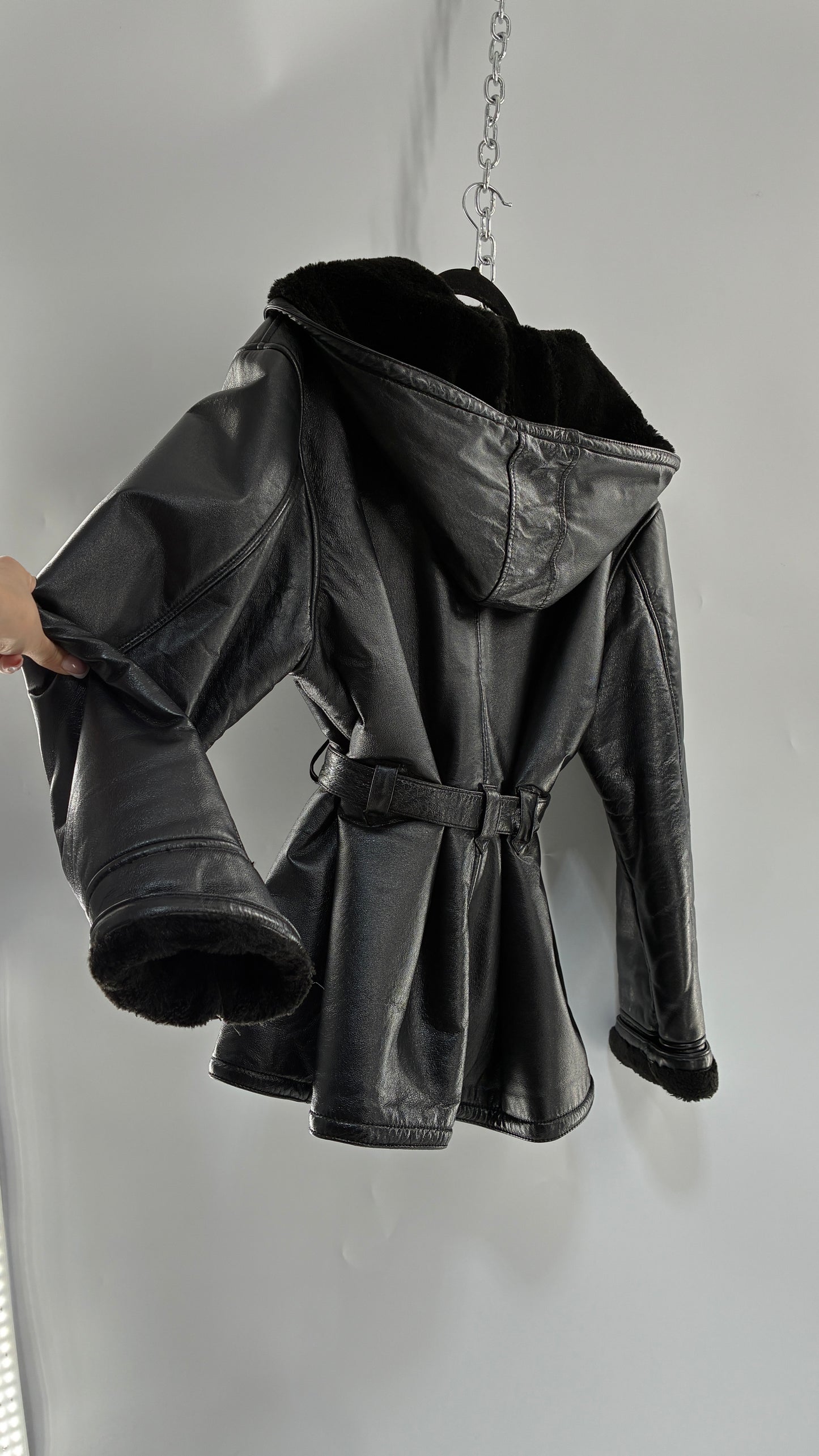 Vintage WILSON’S Fur Lined, Genuine Leather Waist Tie Jacket with Hood (Medium)