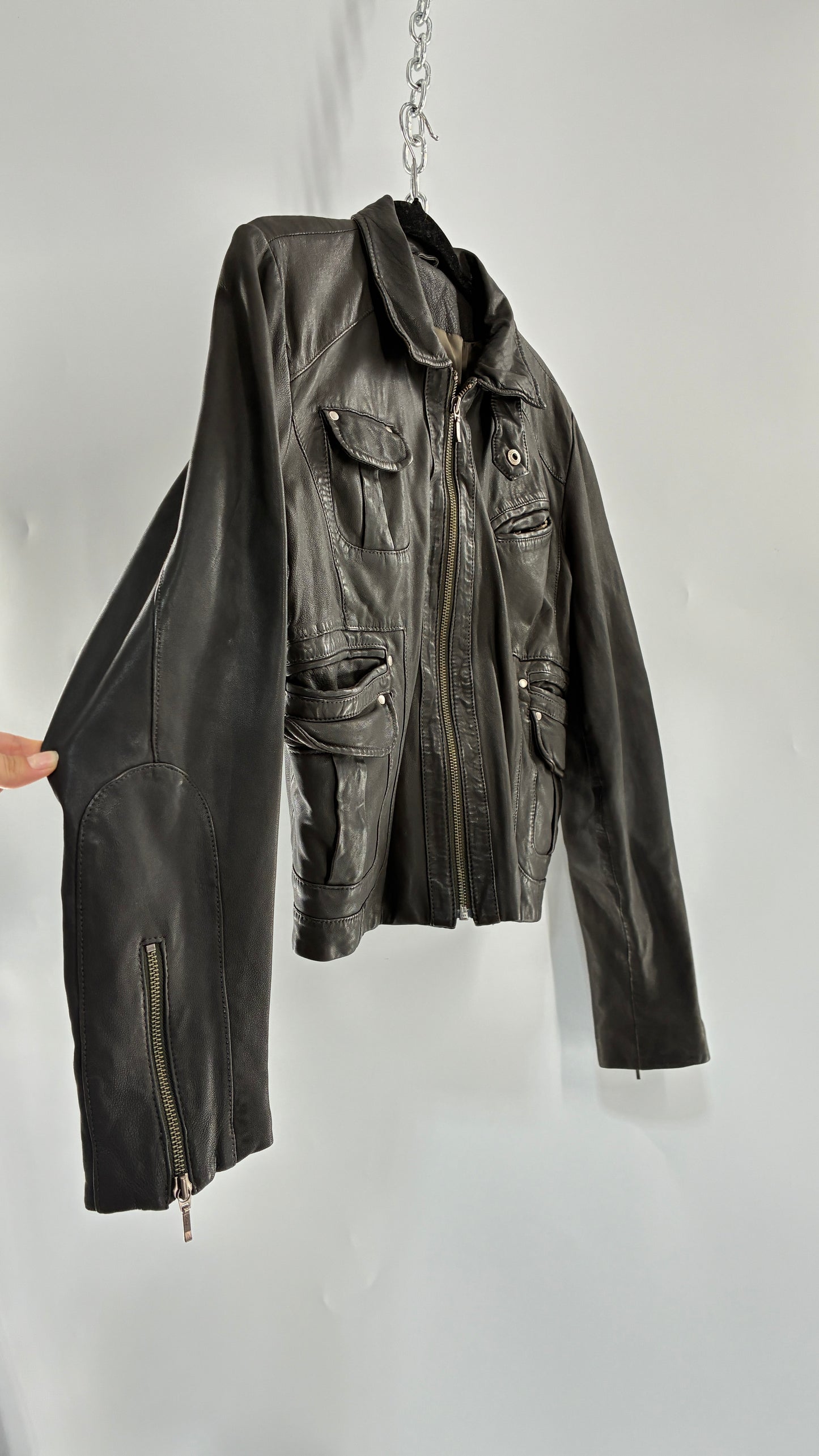 Vintage IDENTIFY Soft Genuine Leather Jacket with High Neck and Multi Pocket Details (Medium)