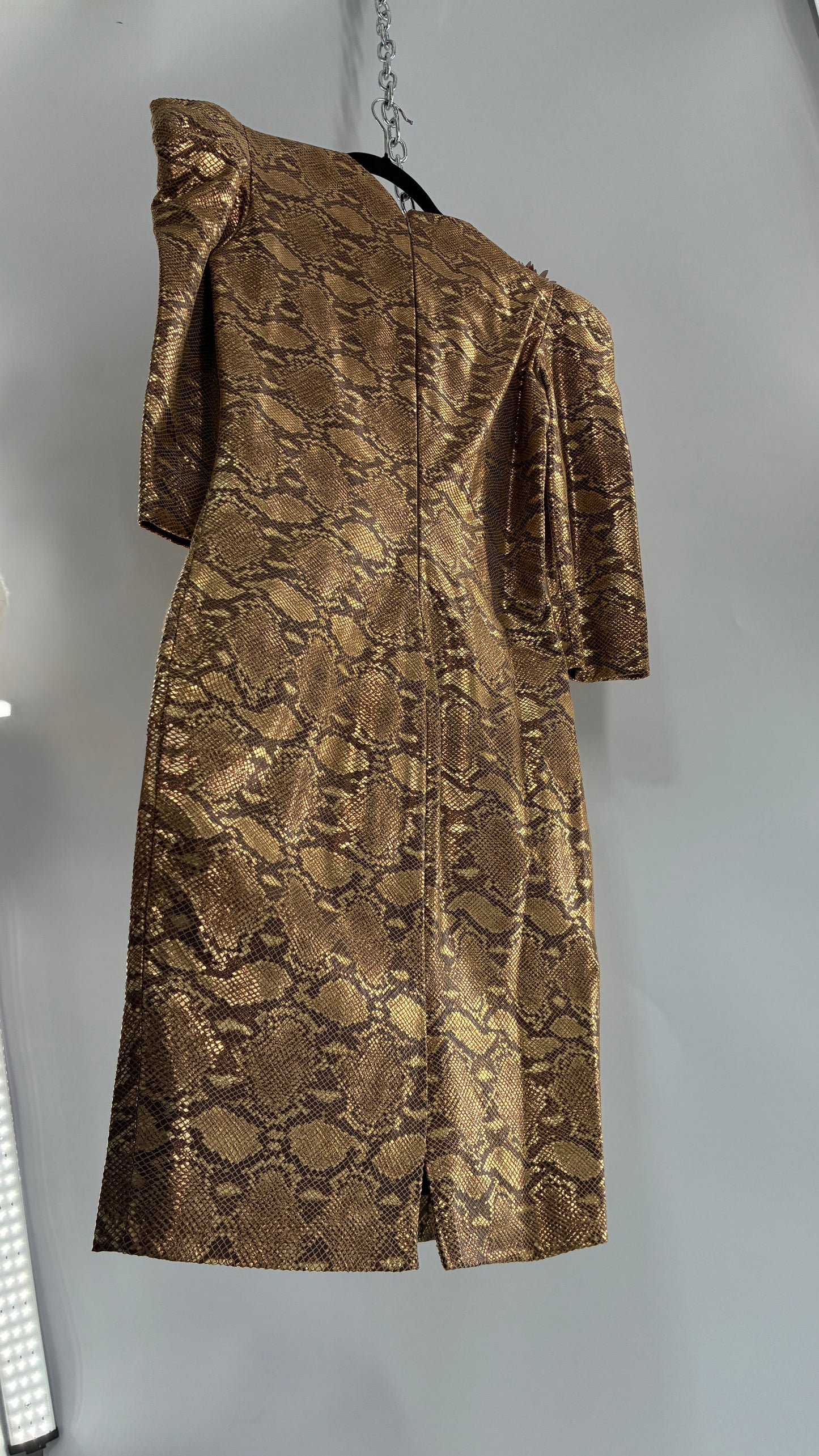 Vintage 1980s Handmade Genuine Leather Snakeskin Bronze Midi Dress with Floral Appliqués (Medium, See Measurements)