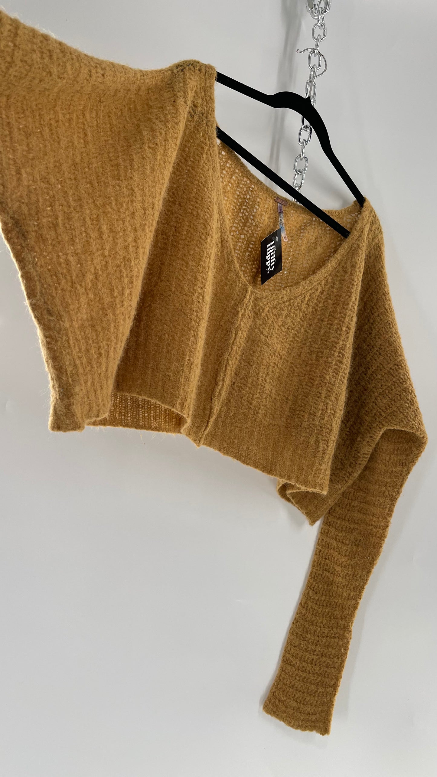 Free People Mustard Knit Cropped Sweater (XS) 88% Alpaca Fur