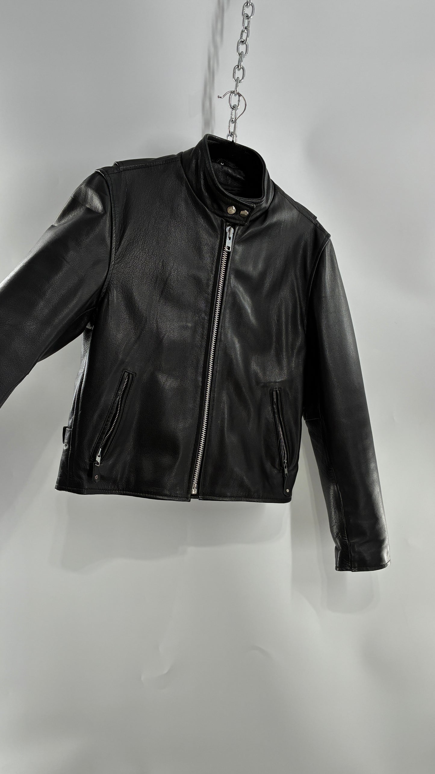 Vintage DOC’s Black Thick Leather Jacket with Removable Quilted Lining, Zippered Sides and Heavy Metal Details (Medium)