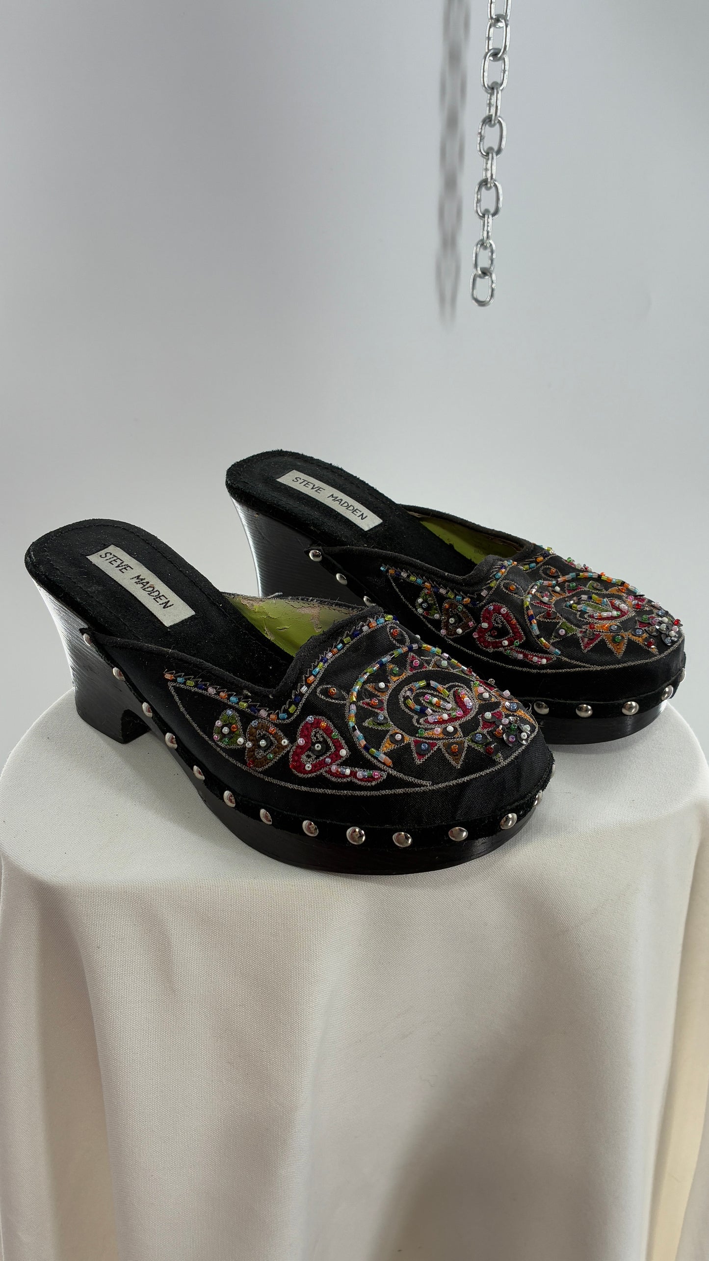 Vintage 1990s STEVE MADDEN Black Wooden Heel Clogs with Embroidered and Beaded Design (7.5)