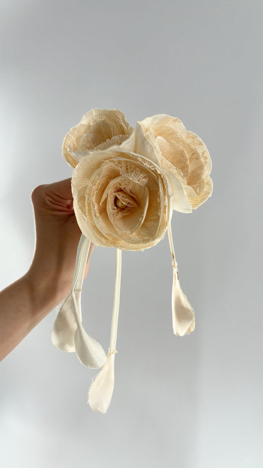 Vintage Brooch Pin: Oversized Rosette Cluster of Handmade Off White Satin and Lace Flowers with Pearl Center