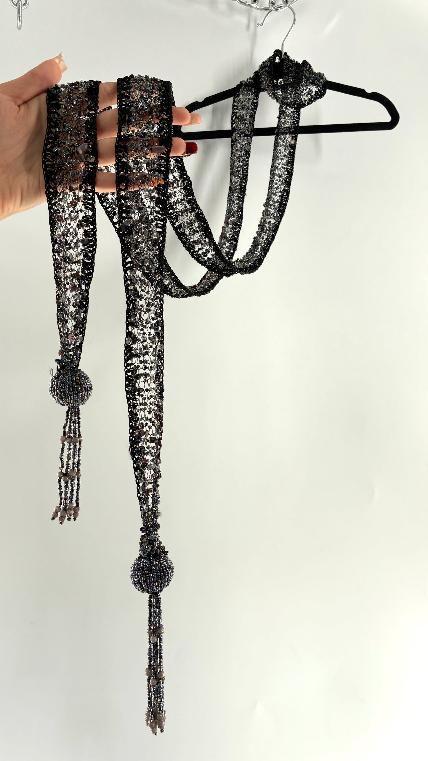 Vintage Black Netted + Crochet Scarf Necklace Covered in Heavy Beading