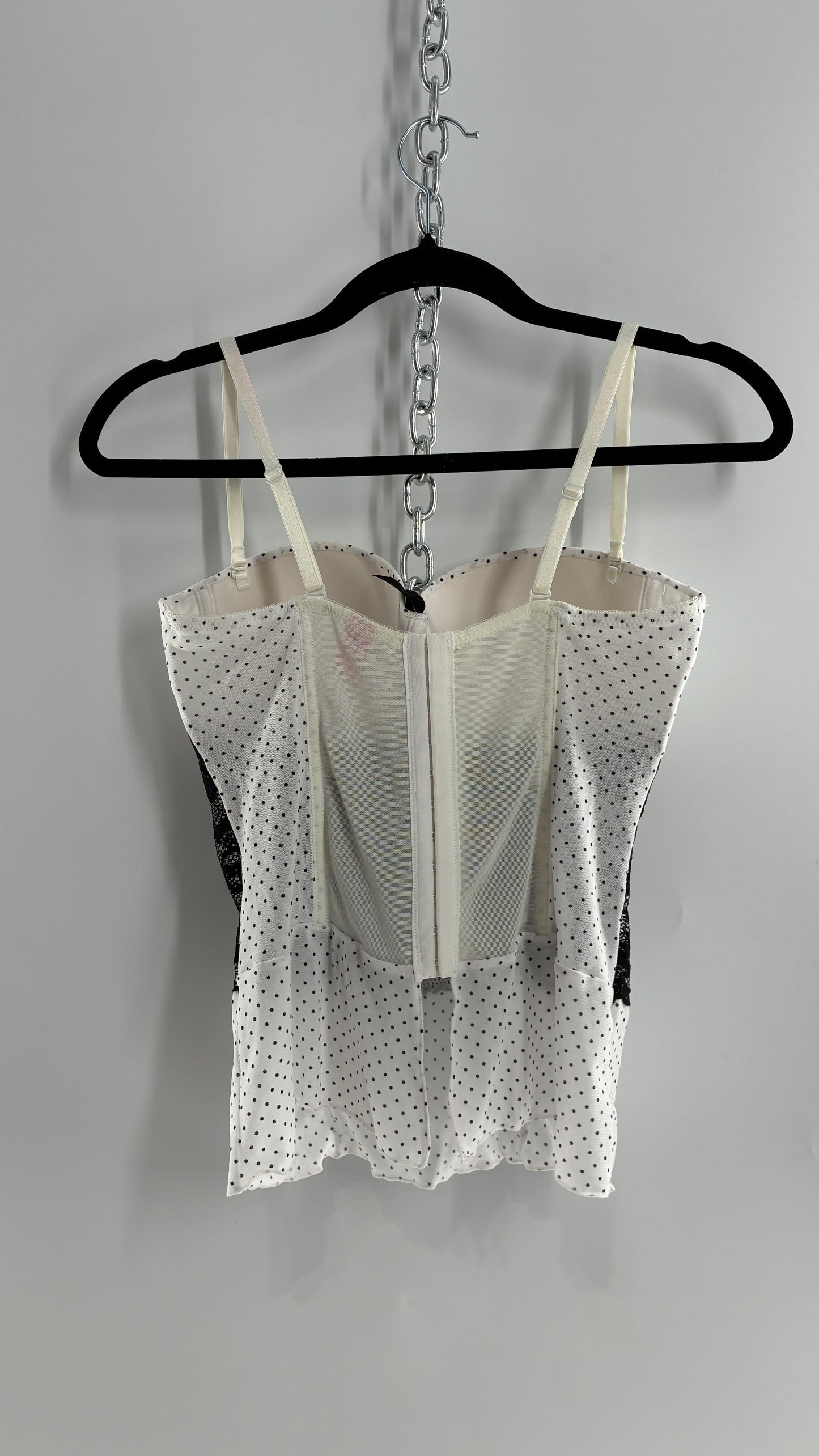 Vintage Black and White Polka Dotted Bustier Babydoll with Lace Bodice Detailing (Medium)