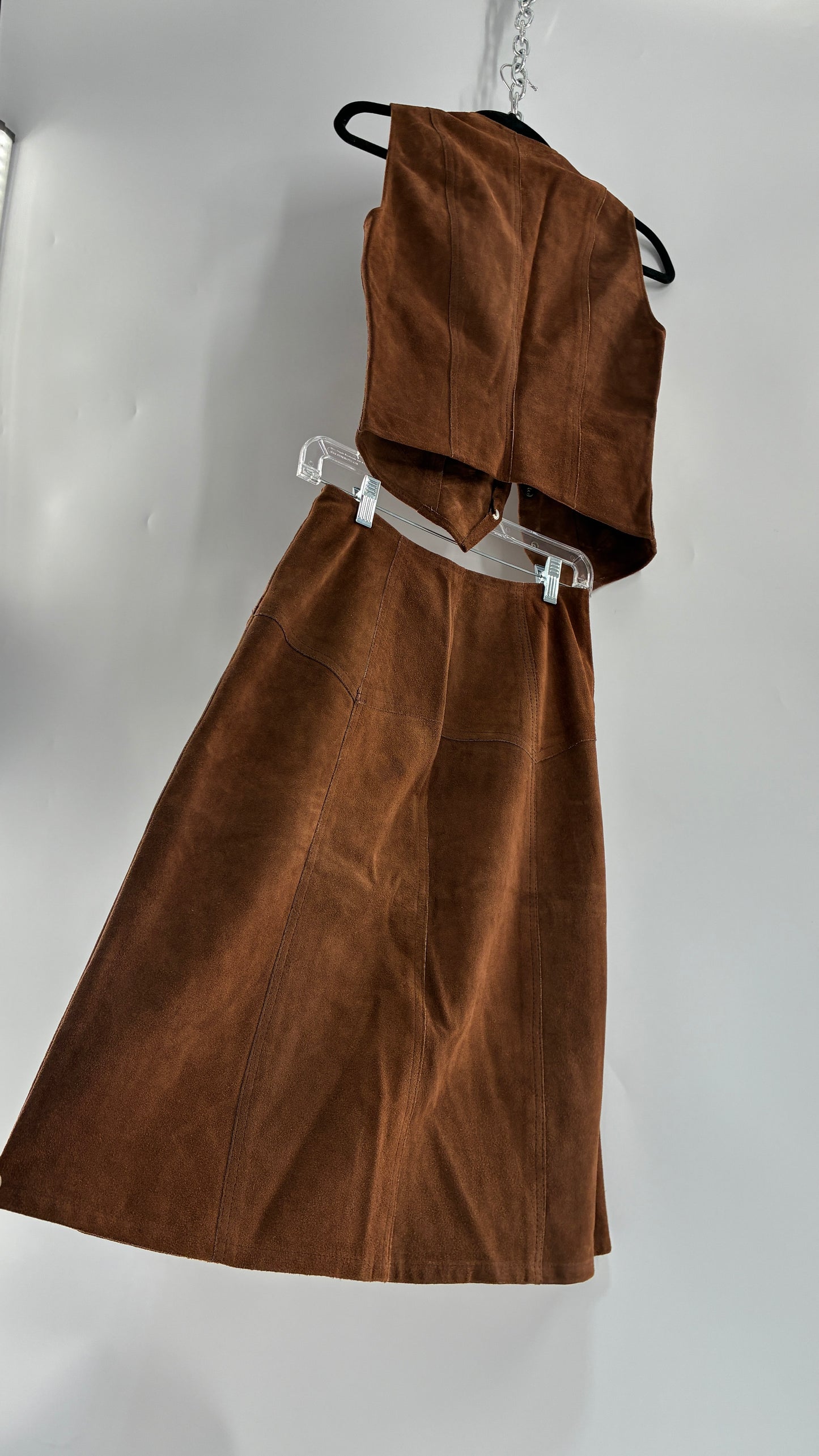 Vintage 1970s Genuine Suede Brown Leather Button Front Skirt and Vest Made in Mexico (XS/S)
