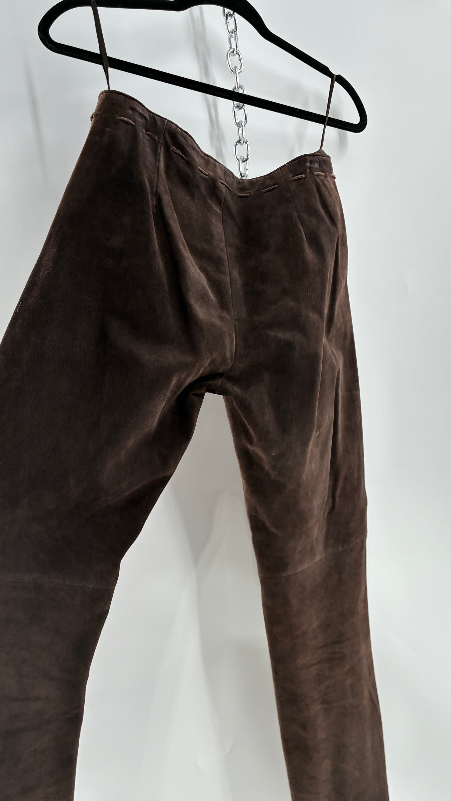 Vintage FOR JOSEPH Low Rise, Chocolate Brown Suede Pants with Leather Stitch Sides and Bow Closure (28)