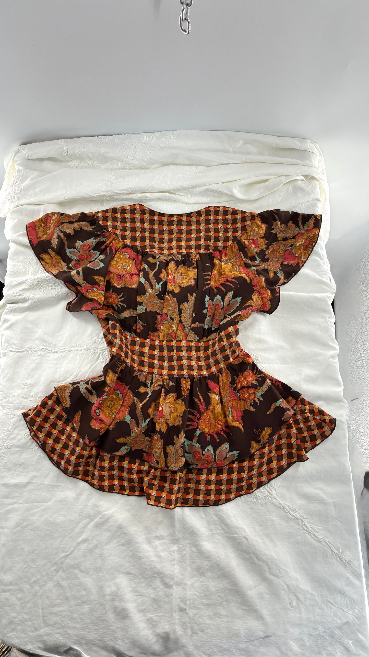 Vintage ANNA SUI 100% Silk Orange and Brown Mixed Pattern Blouse (4)