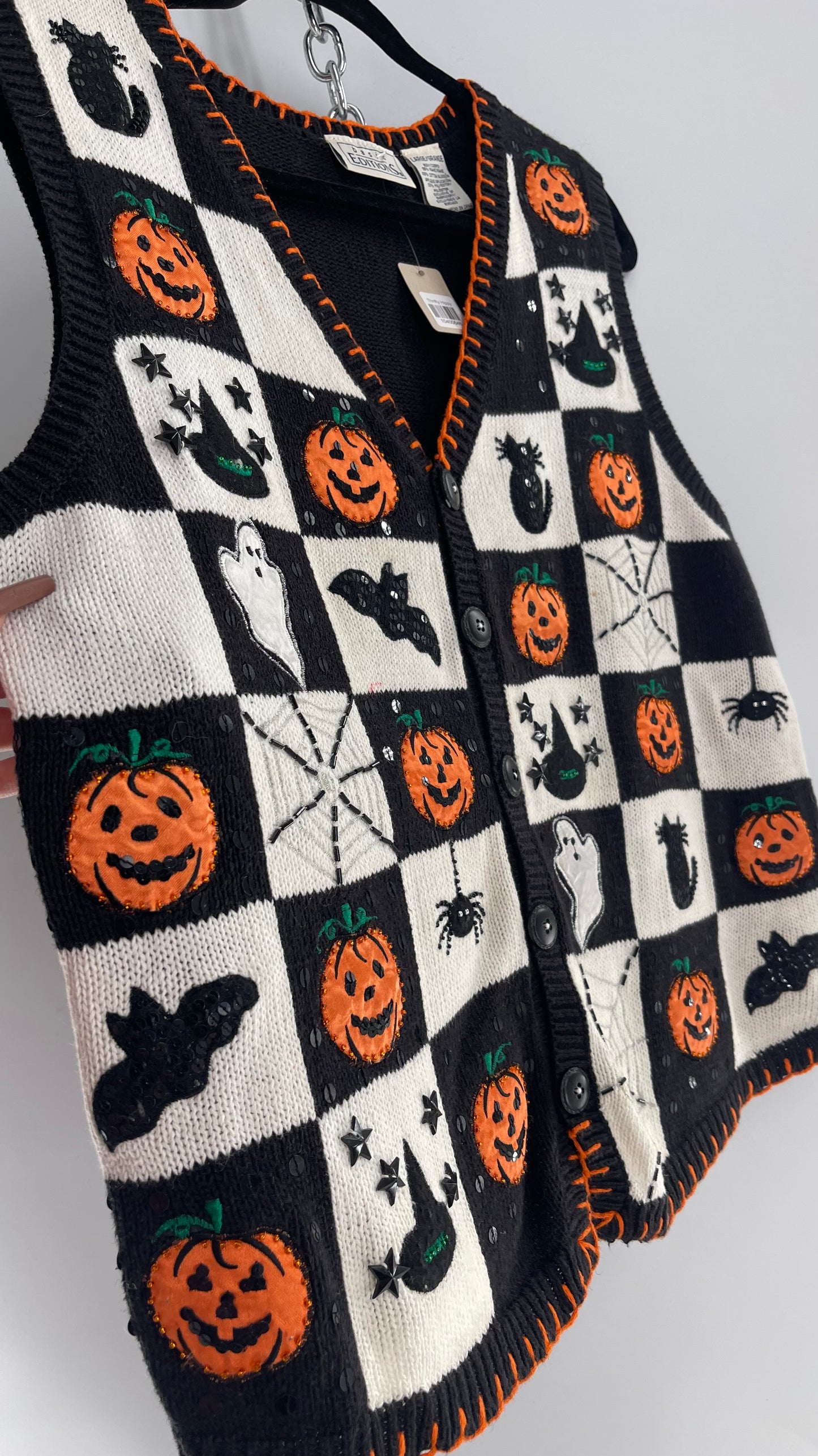 Vintage Knit Halloween Vest with Beaded Stars, Webs and Spiders (Large)