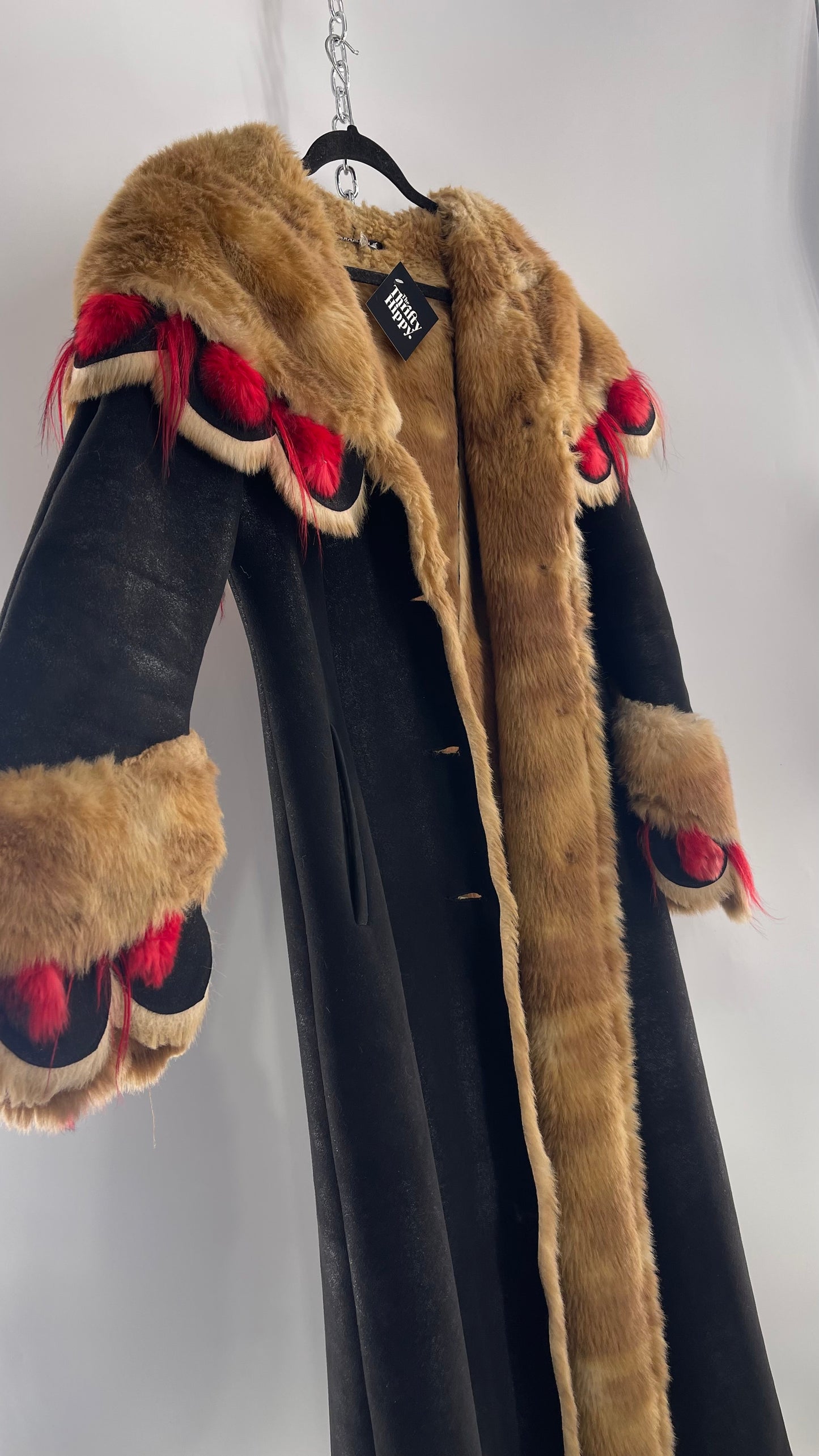 Vintage Russian Black Coat with Brown Fur Piping/Lining, Red Feathers, Scalloped Sleeve, and Hood (Medium)