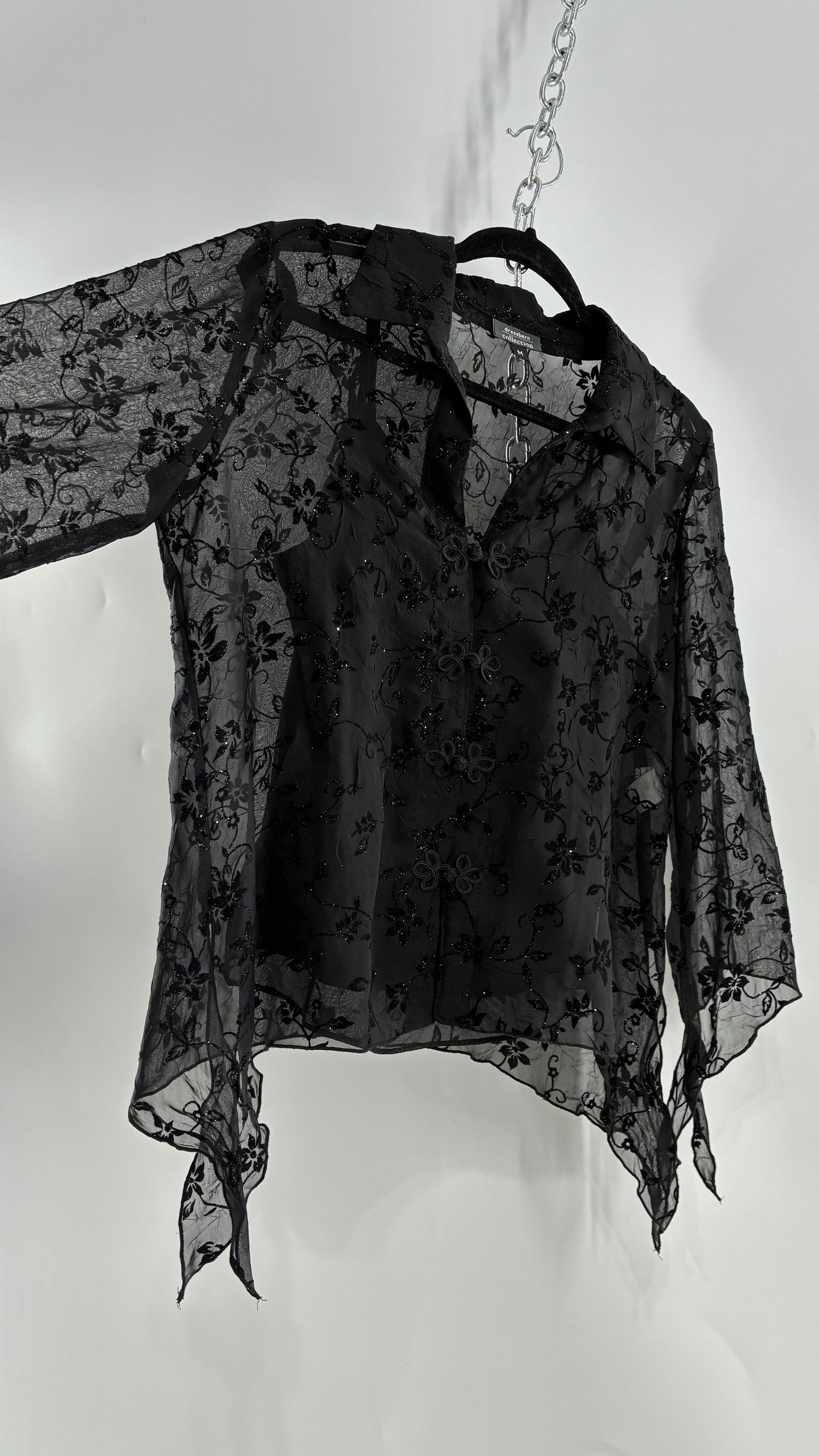 Vintage Black Handkerchief Hem Button Front Velvet Patterned Blouse (Medium)