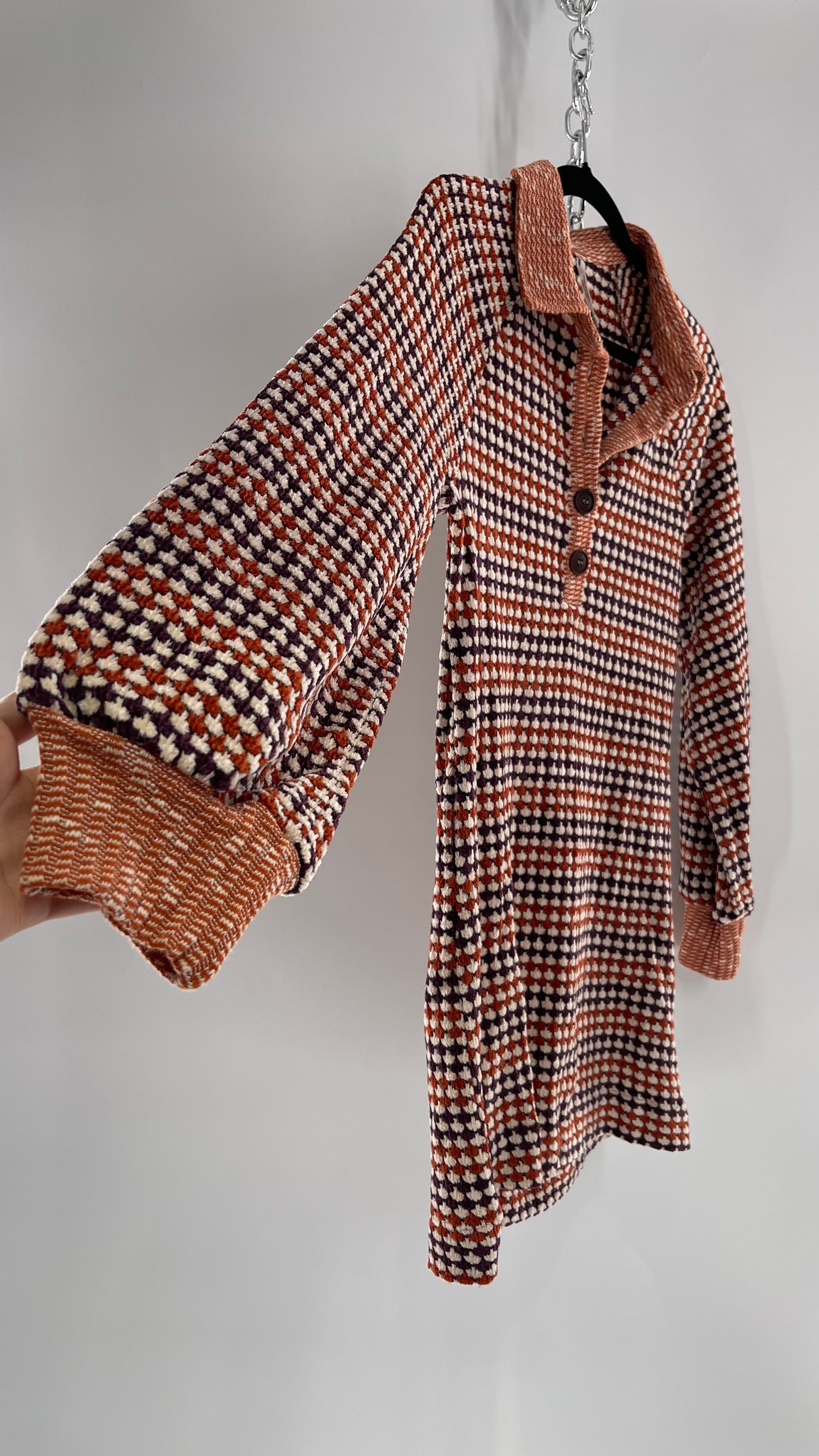 Free People Collared, Orange/Purple Chenille Knit Houndstooth Checkered Patterned 70s Dress (Small)