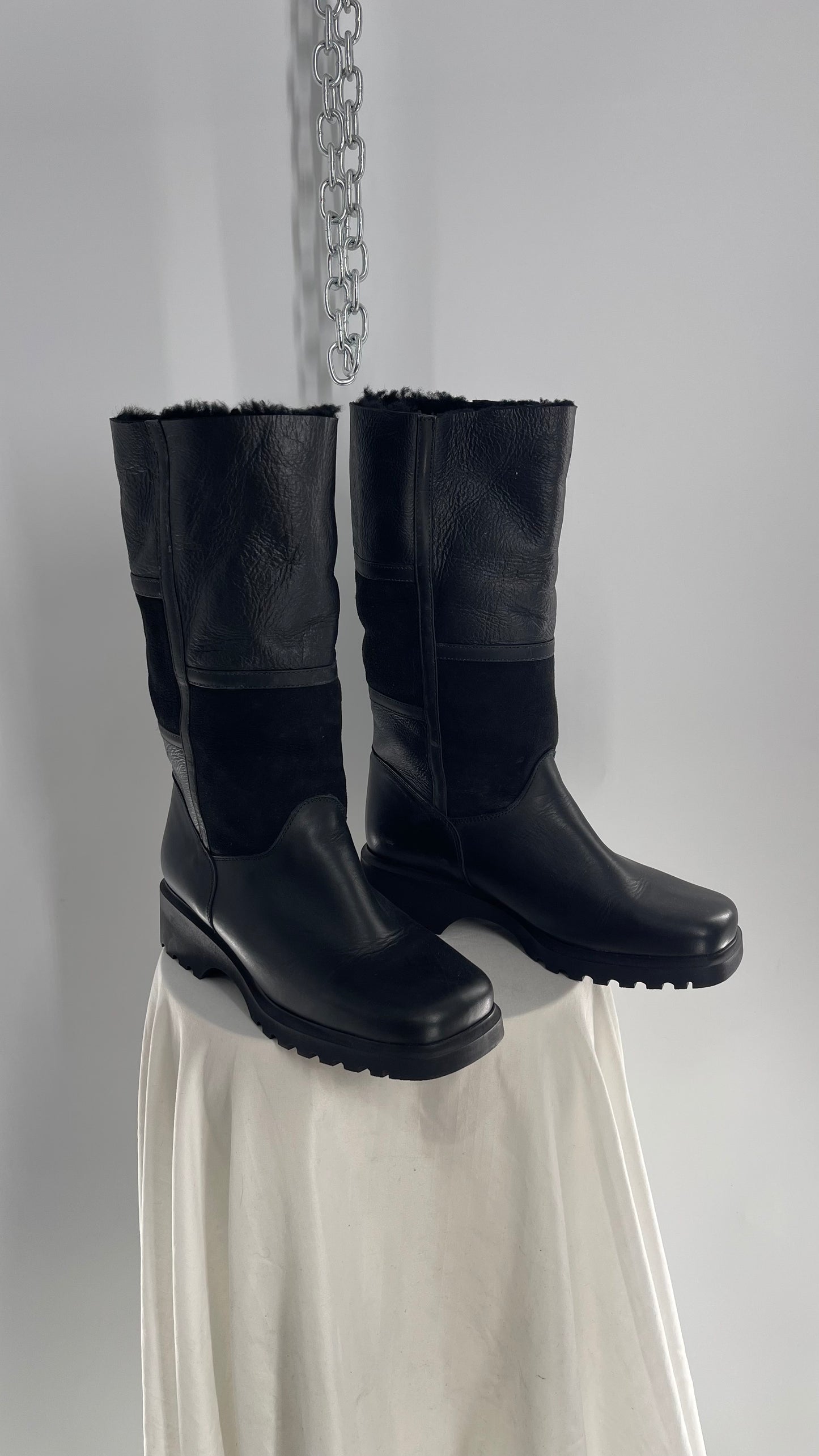 Vintage 1990s LA CANADIENNE Mixed Panel Suede and Patent Leather, Square Toe, Fur Lined Boots (10)