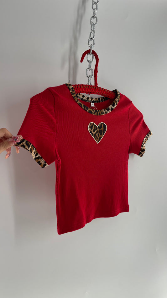 Red Baby T with Cheetah Heart and Piping (Medium)