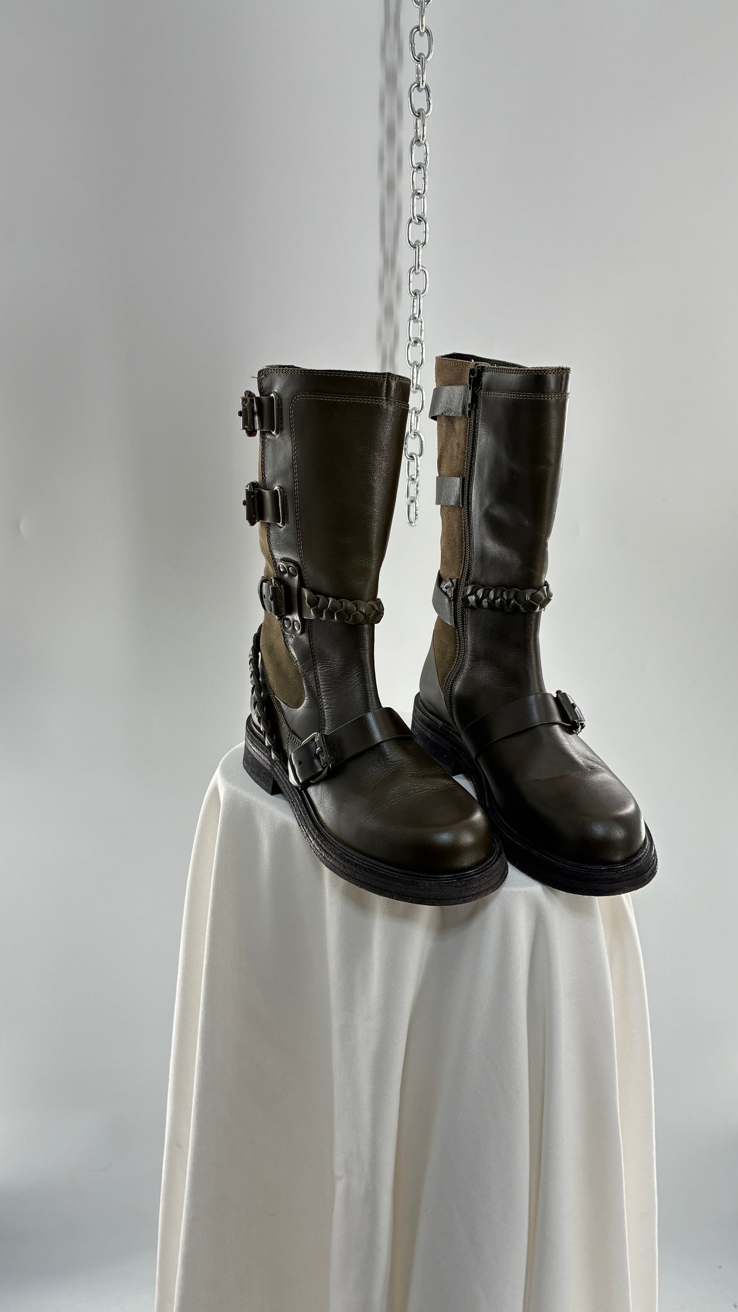 Free People Billie Olive Green Moto Boots with Buckle Closure (7)
