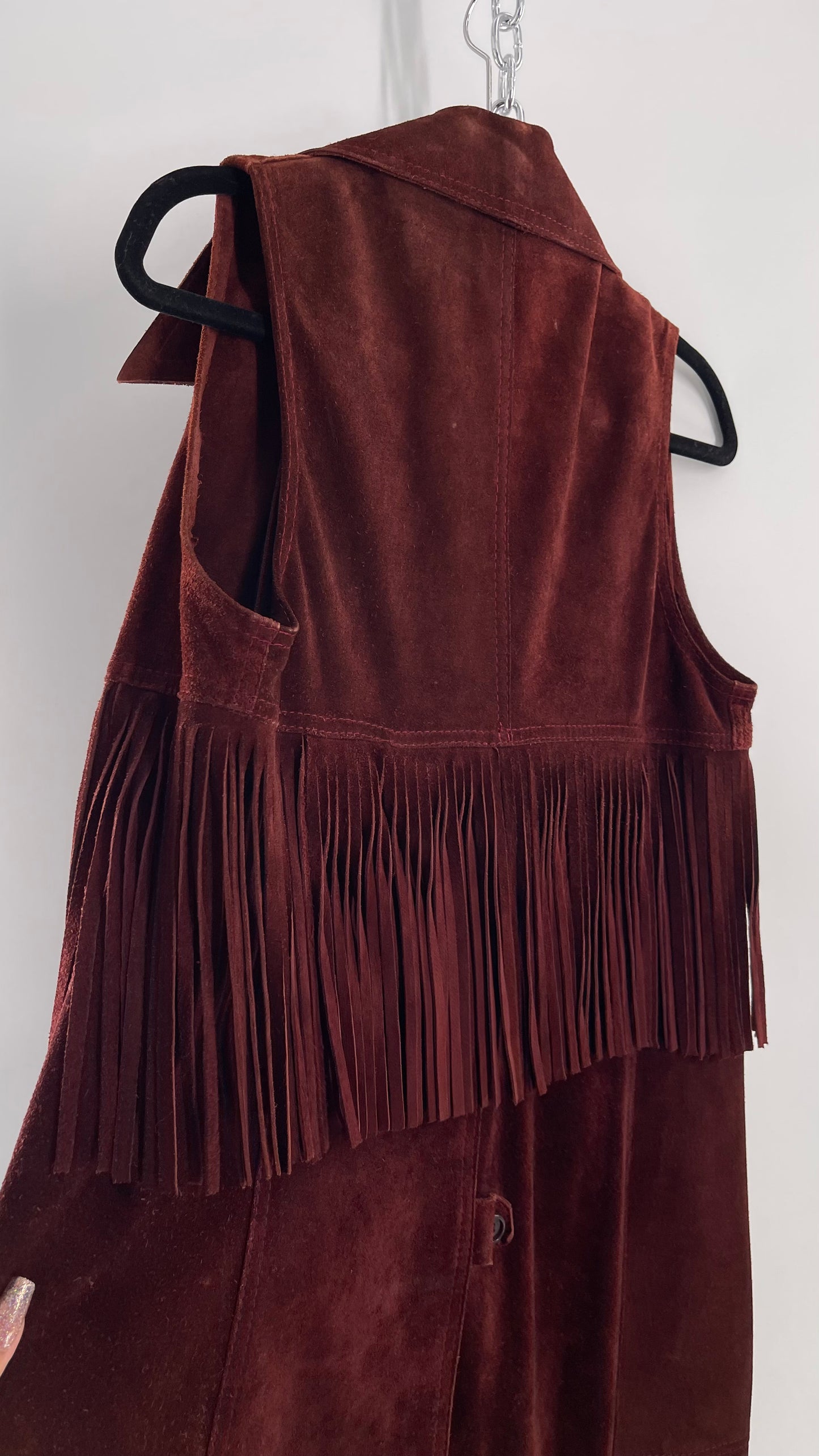 Vintage 1970s Suede Leather Full Length Reddish Brown Vest (S/M)