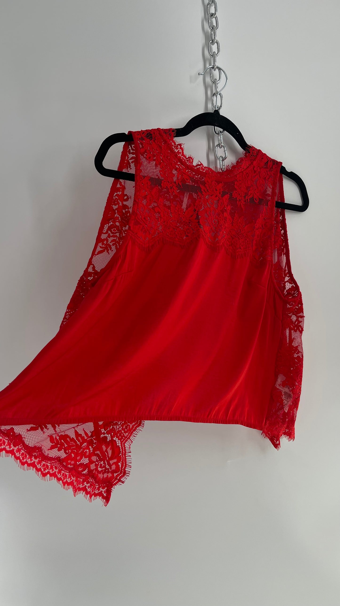 Free People Red Silky Lacy Open Back Tank (Medium)