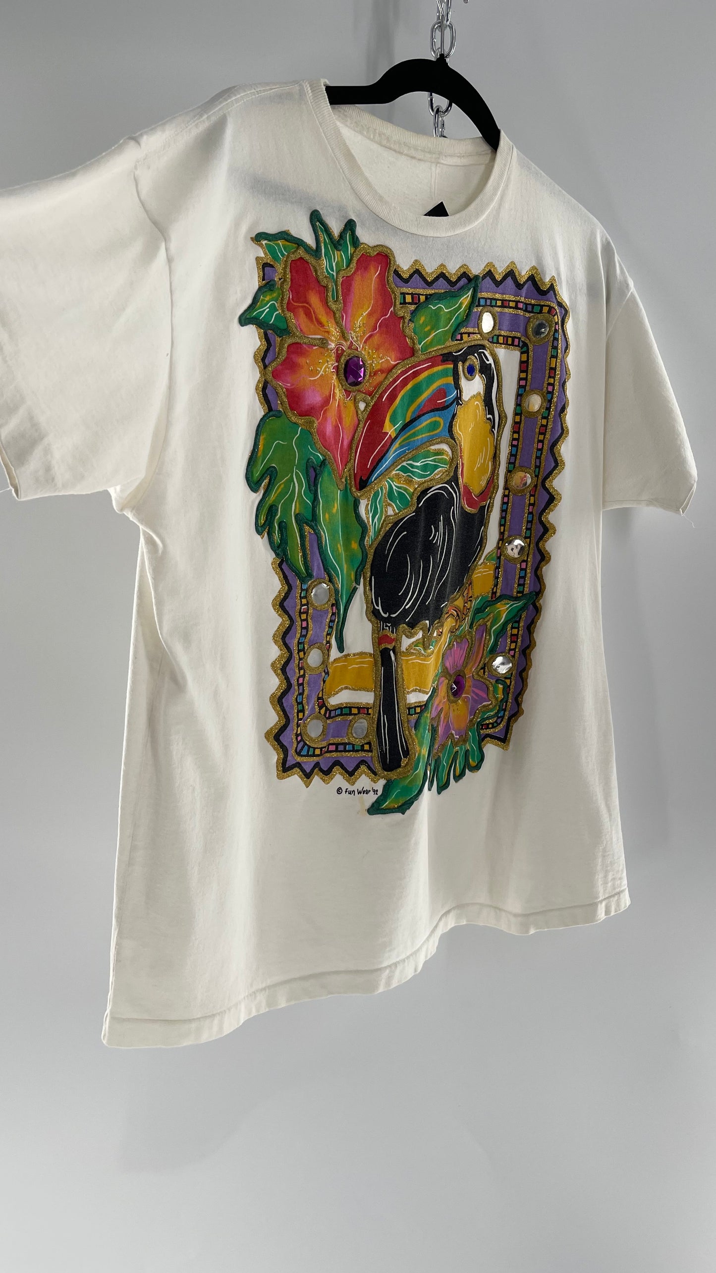 Vintage FUNWEAR 1992 White T Shirt Hand Dyed and Puff Painted with Tropical Motifs (M/L)