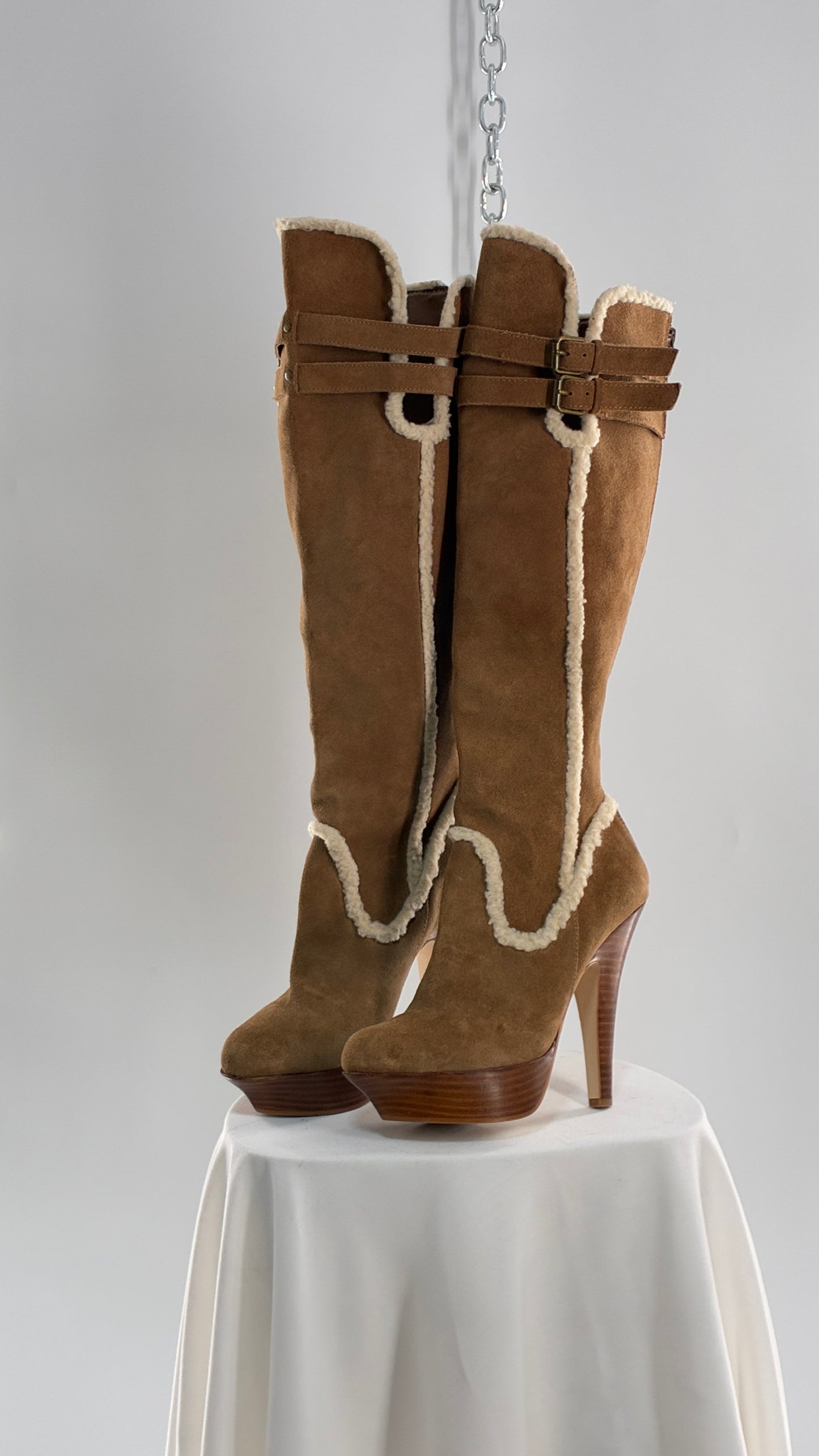 Vintage BEBE Genuine Suede Leather Stiletto, Platform Knee High Boots with Shearling Piping (8B)